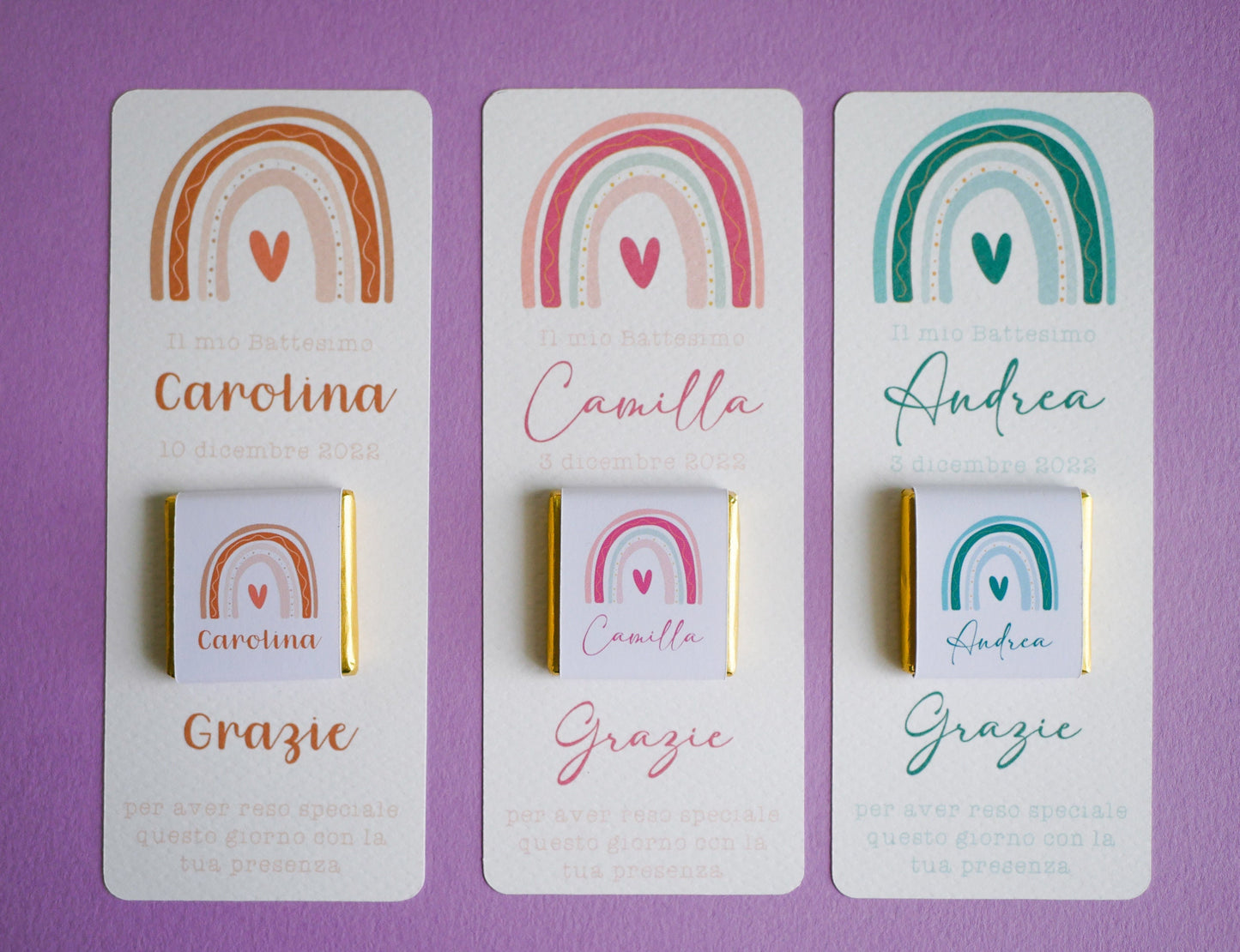 Cioccolatino battesimo con arcobaleno, segnaposto arcobaleno, segnaposto tavola Comunione, segnalibro Cresima, omaggio in stile boho