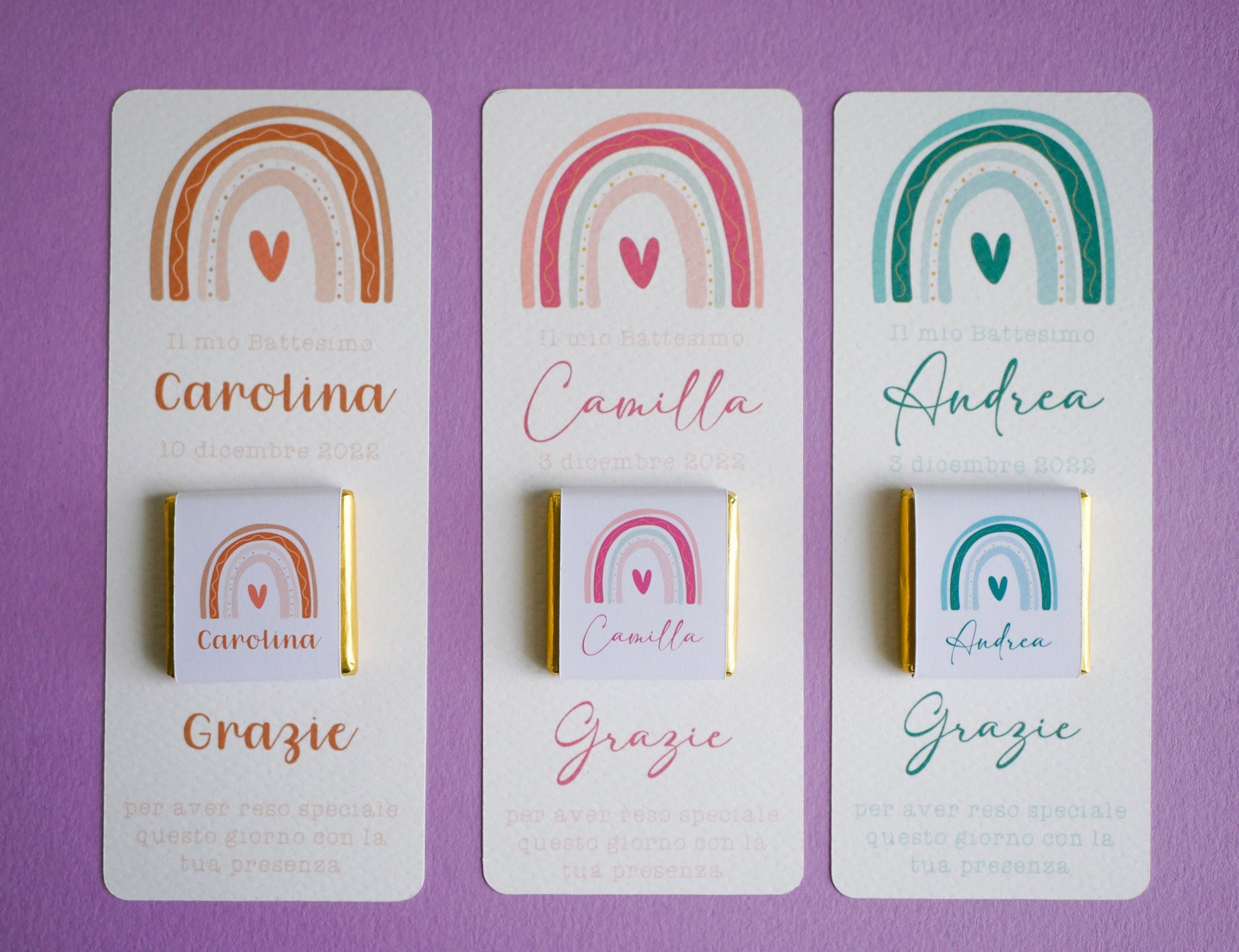 Cioccolatino battesimo con arcobaleno, segnaposto arcobaleno, segnaposto tavola Comunione, segnalibro Cresima, omaggio in stile boho