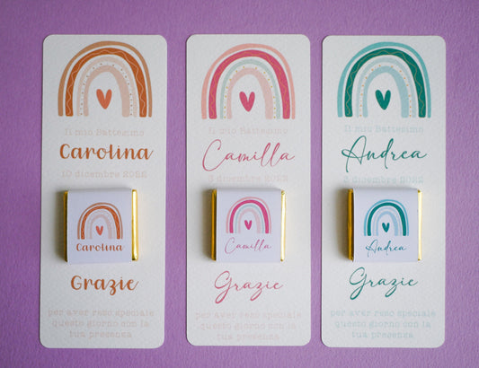 Cioccolatino battesimo con arcobaleno, segnaposto arcobaleno, segnaposto tavola Comunione, segnalibro Cresima, omaggio in stile boho