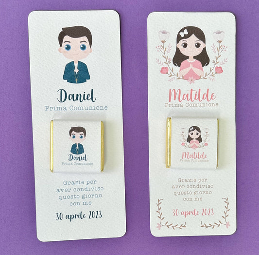 Cioccolatino personalizzato con segnalibro per Prima Comunione con ritratto personalizzato, segnaposto bambina, Cresima bambino