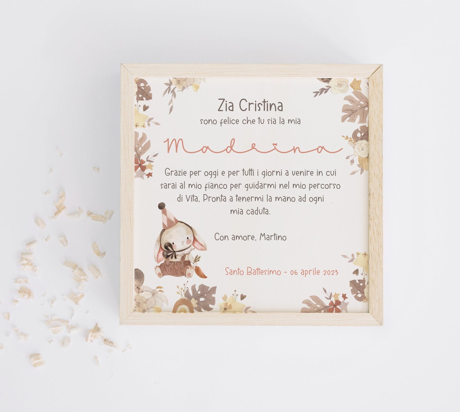 File digitale per quadretto Battesimo, regalo bomboniera Madrina e Padrino in stile boho con coniglietto