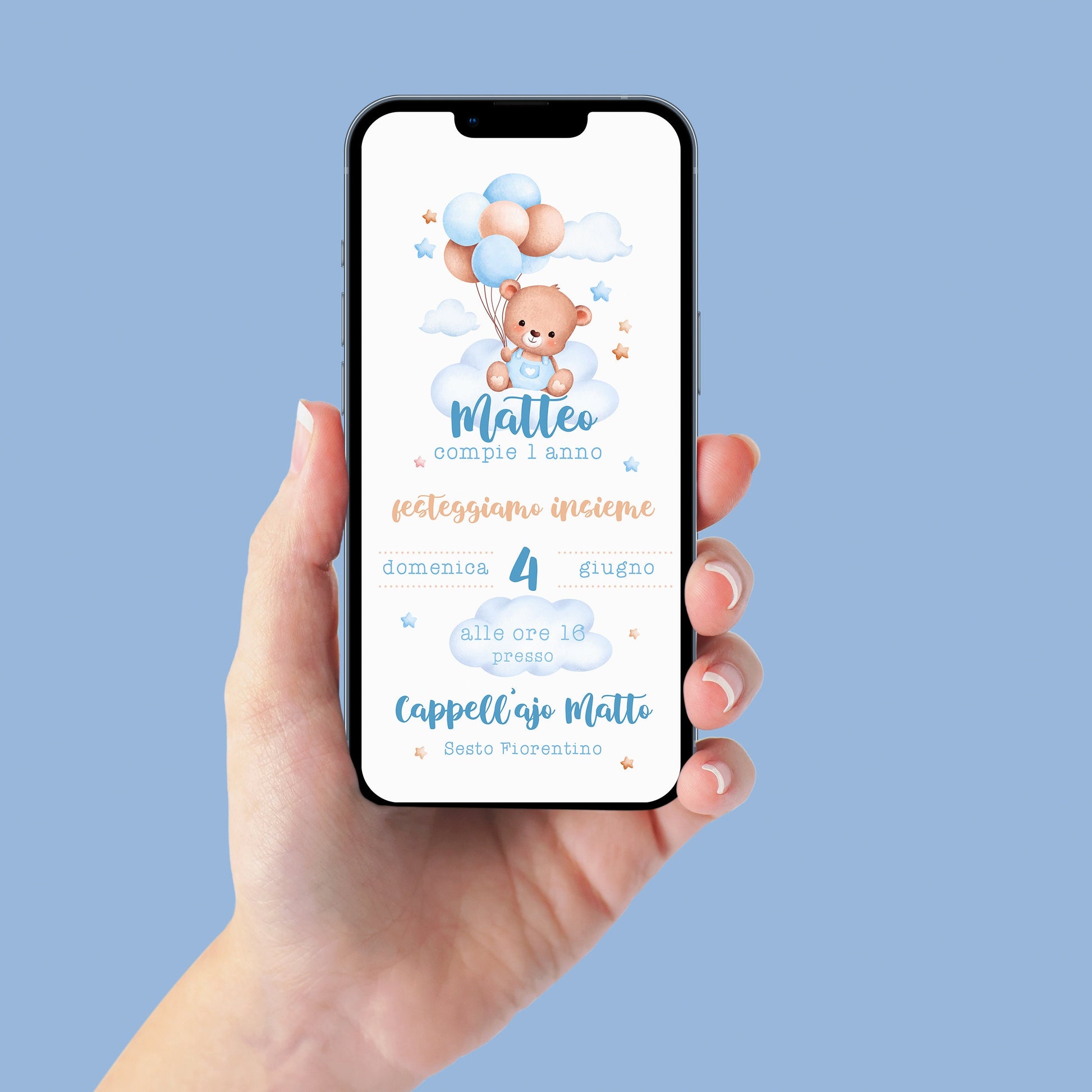 Invito WhatsApp per battesimo con orsetto bambino, invito battesimo orsetta bambina, invito digitale e-mail e per tutti i social compleanno