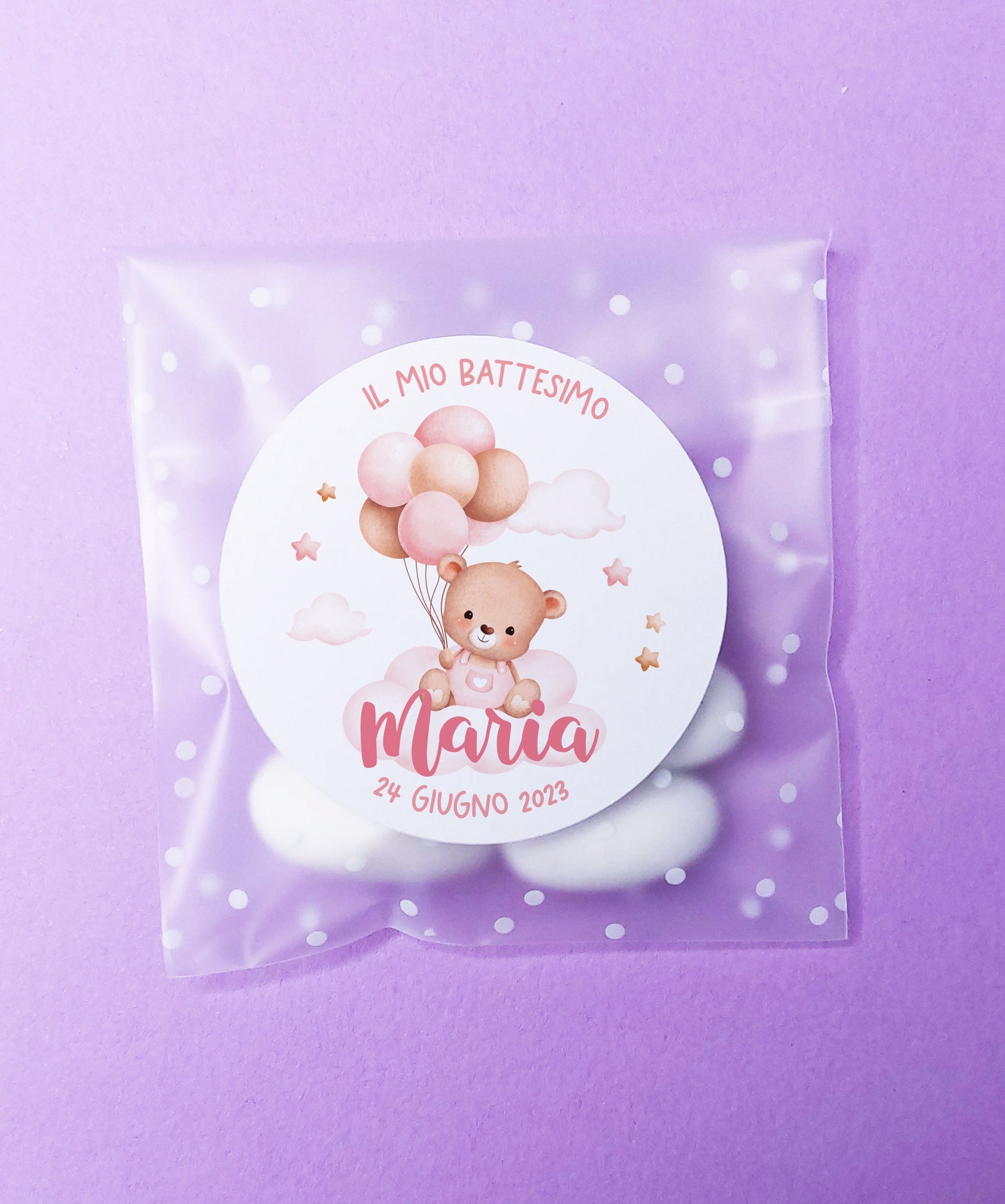 Bustine confetti battesimo con adesivo personalizzato, bomboniera nascita bambina con orsetto rosa, bomboniera DIY fai da te, regalo ospiti