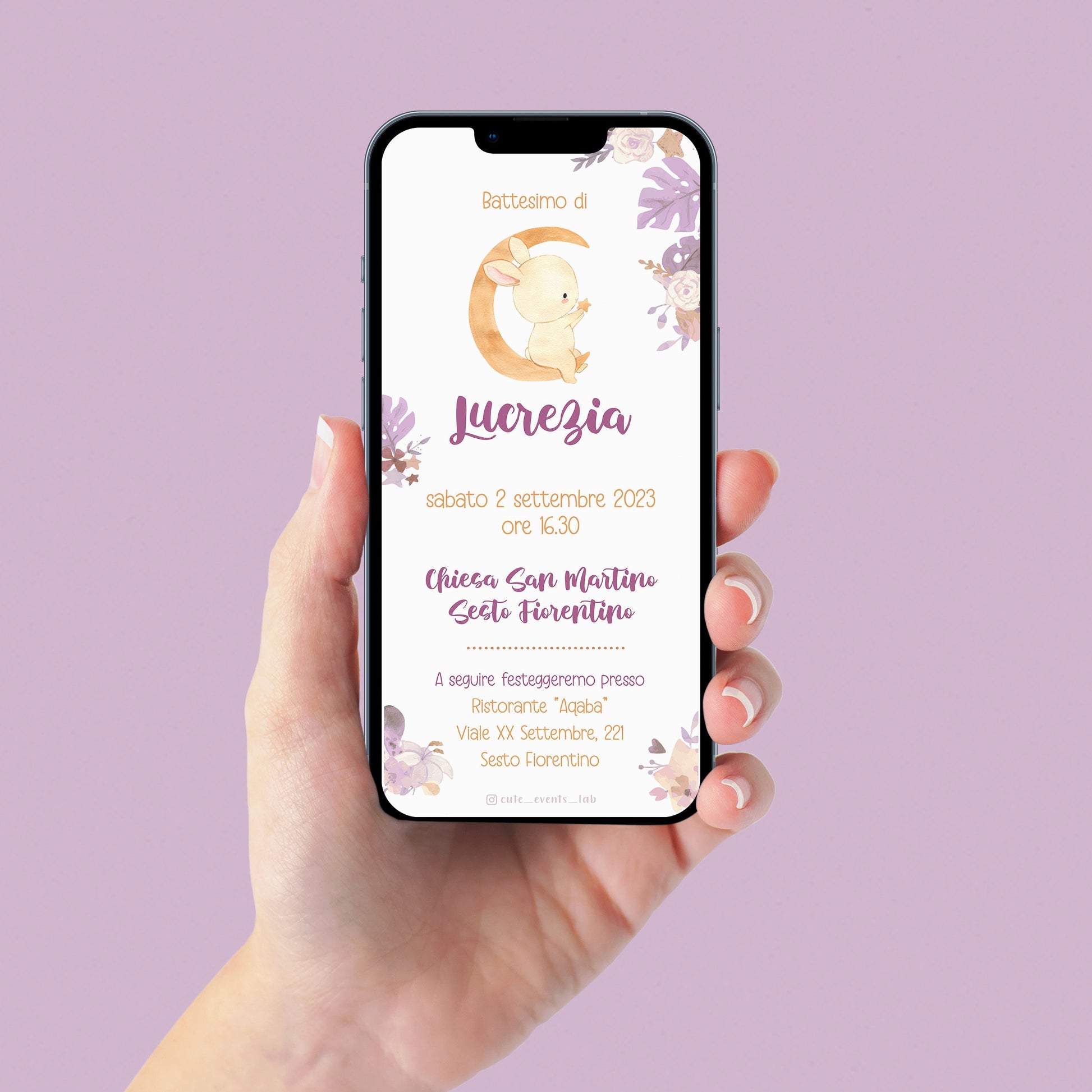 Invito WhatsApp per battesimo con coniglietto, invito battesimo bambino, invito digitale e-mail e per tutti i social