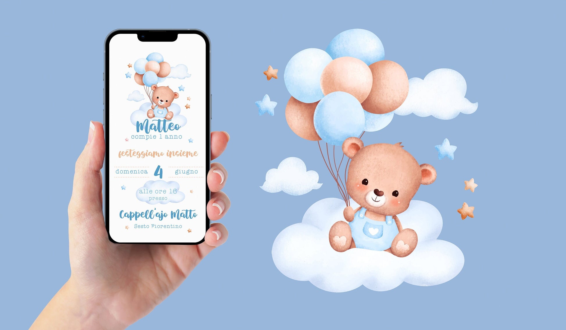 Invito WhatsApp per battesimo con orsetto bambino, invito battesimo orsetta bambina, invito digitale e-mail e per tutti i social compleanno