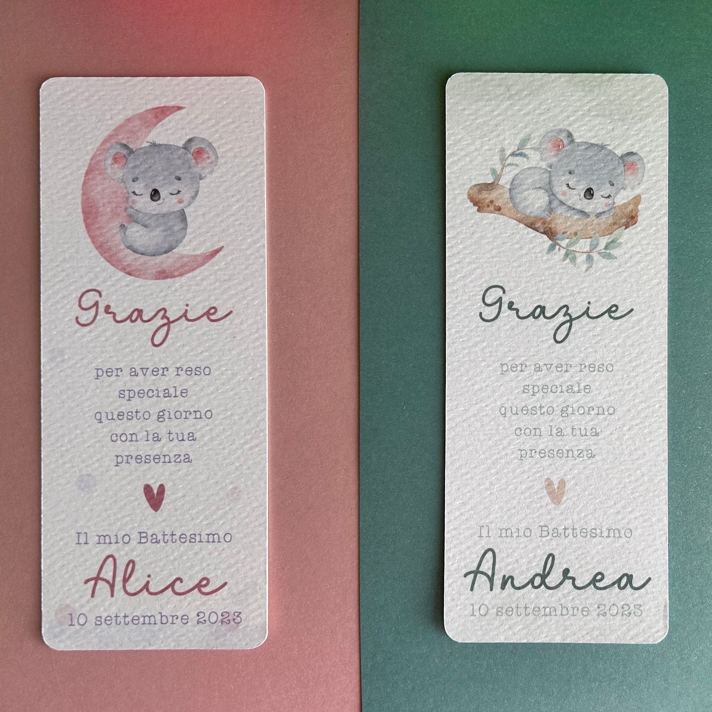 Segnalibro Battesimo con koala, segnaposto eucalipto, segnaposto tavola Comunione, segnalibro Cresima, omaggio ospiti