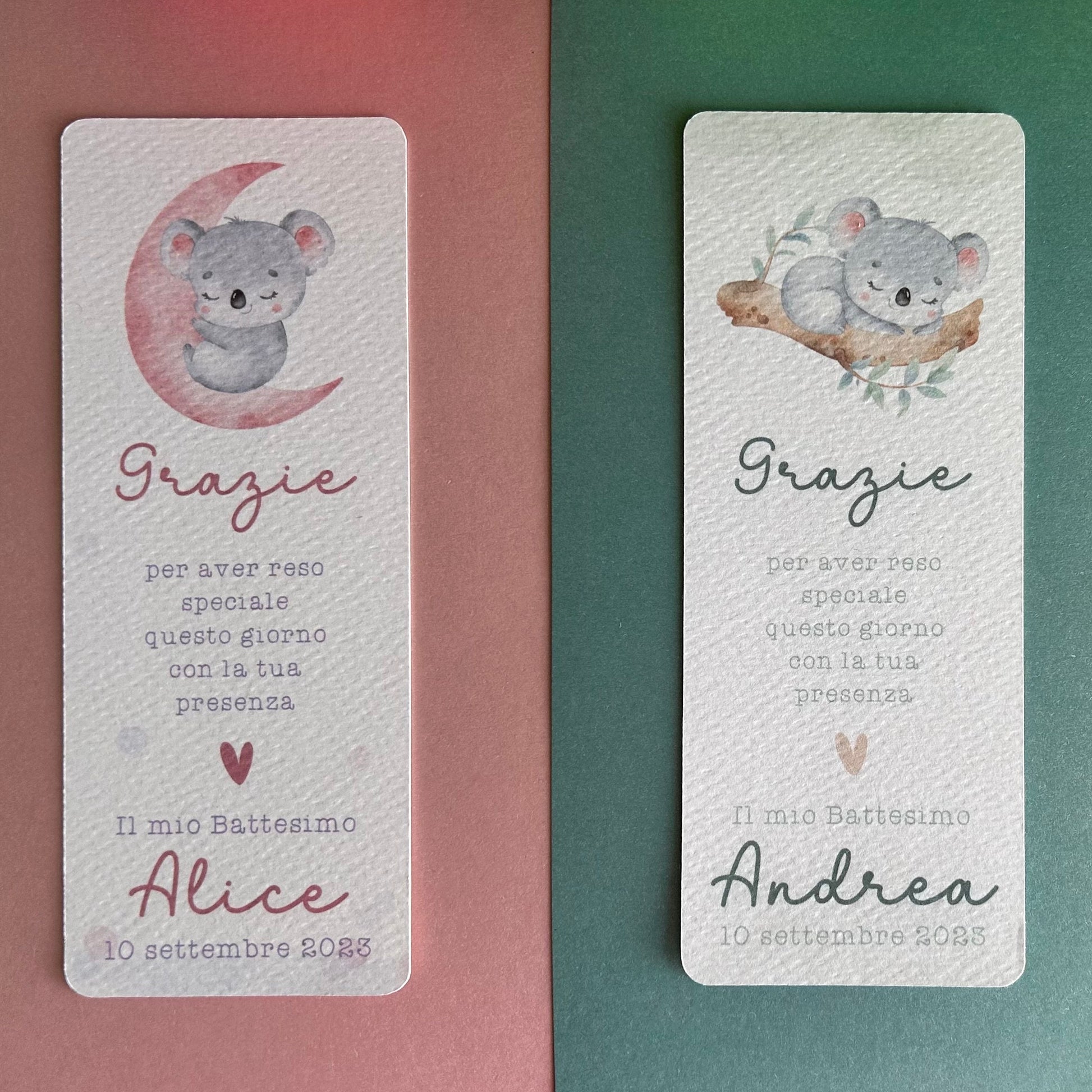 Segnalibro Battesimo con koala, segnaposto eucalipto, segnaposto tavola Comunione, segnalibro Cresima, omaggio ospiti
