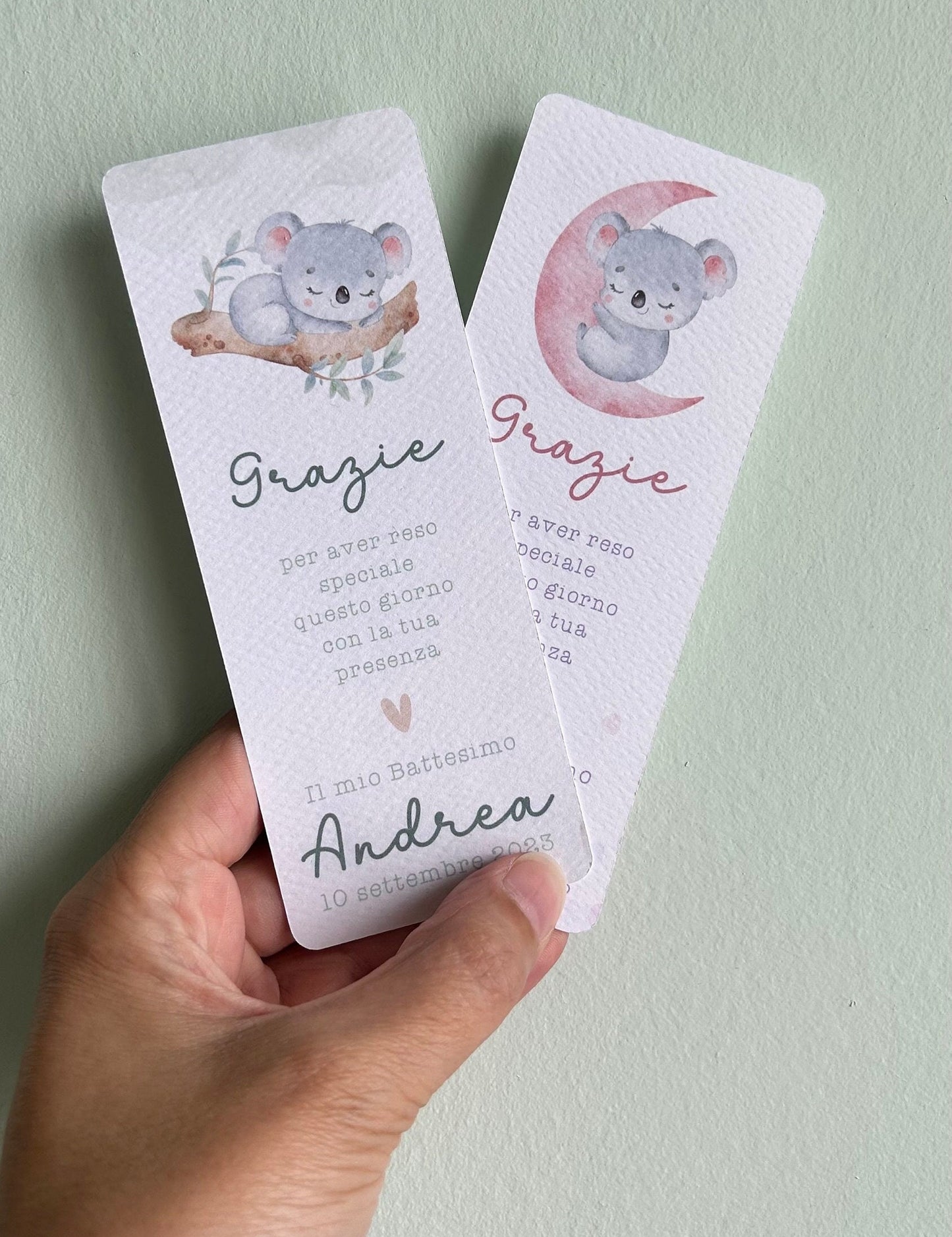 Segnalibro Battesimo con koala, segnaposto eucalipto, segnaposto tavola Comunione, segnalibro Cresima, omaggio ospiti