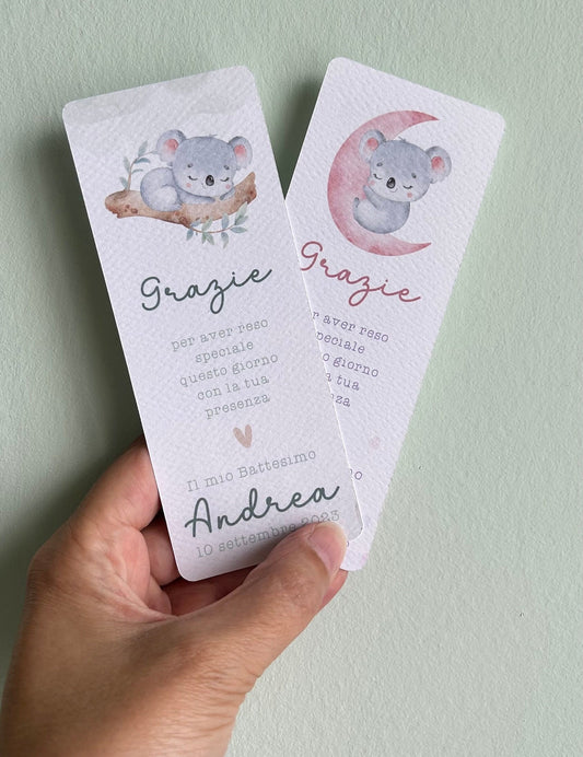 Segnalibro Battesimo con koala, segnaposto eucalipto, segnaposto tavola Comunione, segnalibro Cresima, omaggio ospiti
