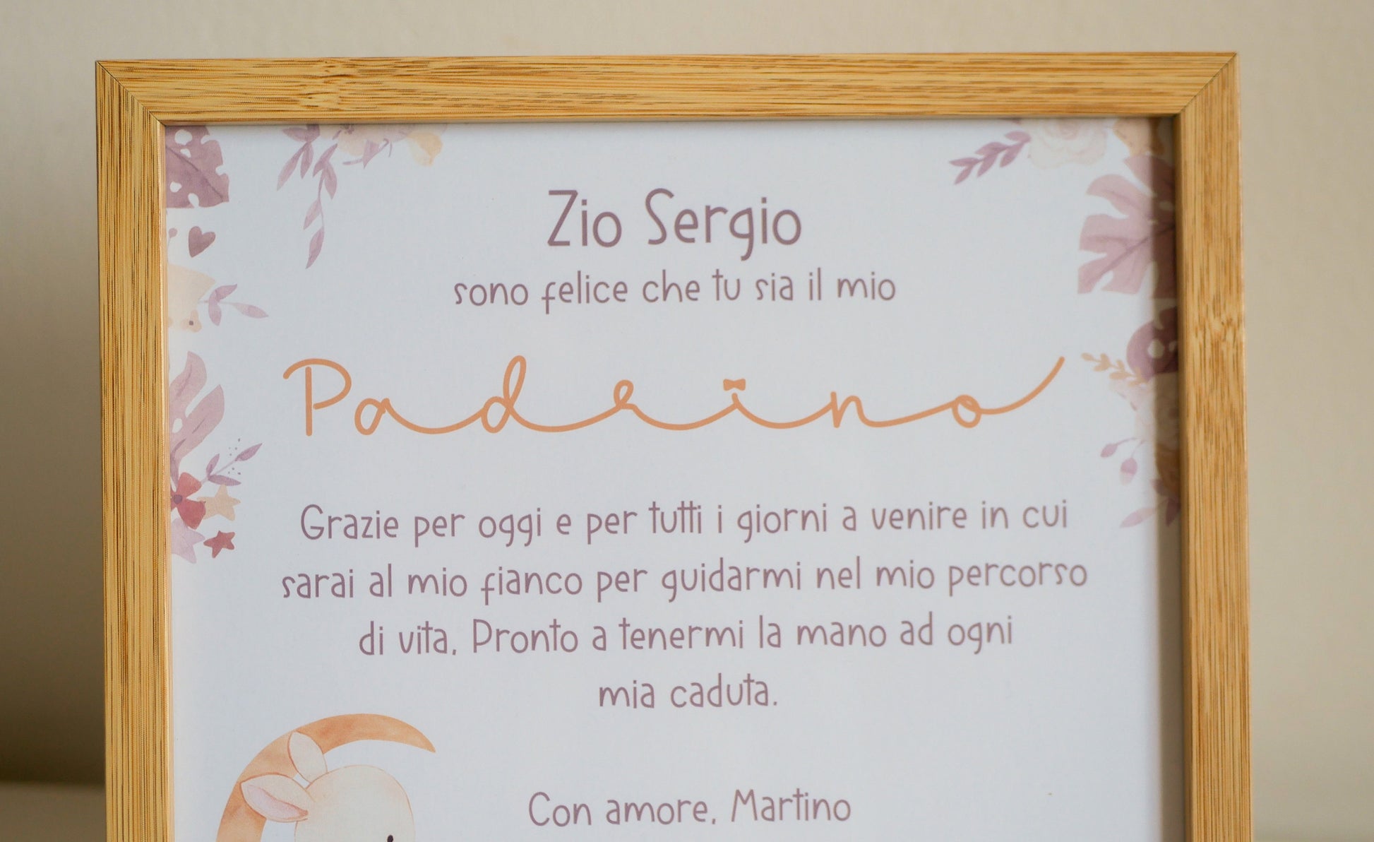 Stampa con cornice quadretto Battesimo, regalo bomboniera Madrina e Padrino in stile boho con coniglietto