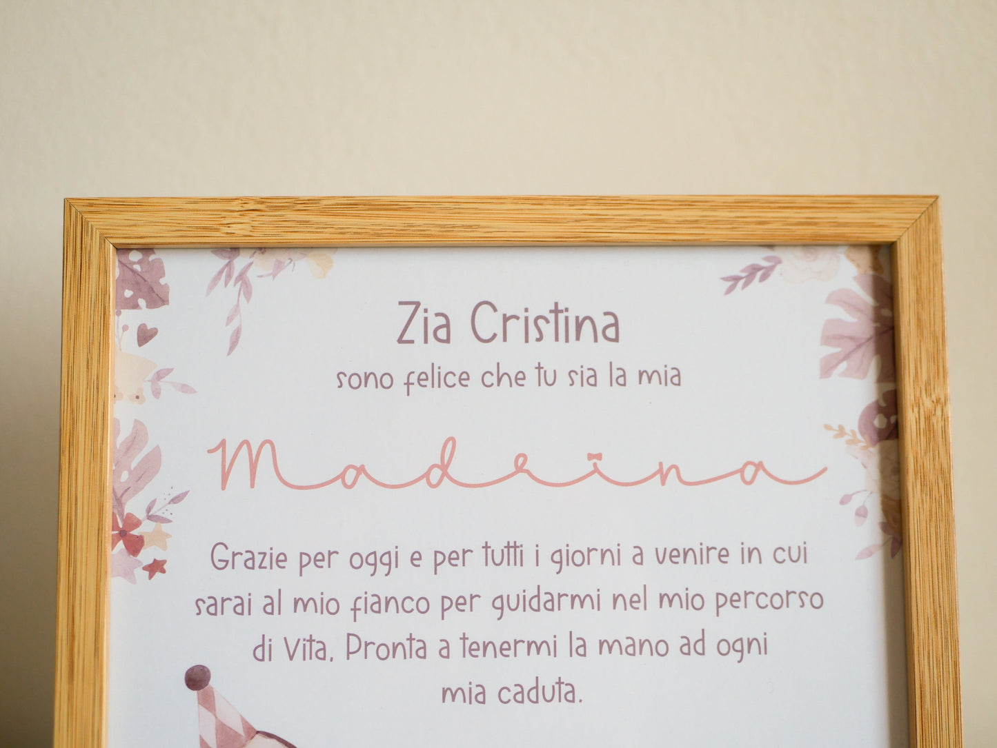 Stampa con cornice quadretto Battesimo, regalo bomboniera Madrina e Padrino in stile boho con coniglietto