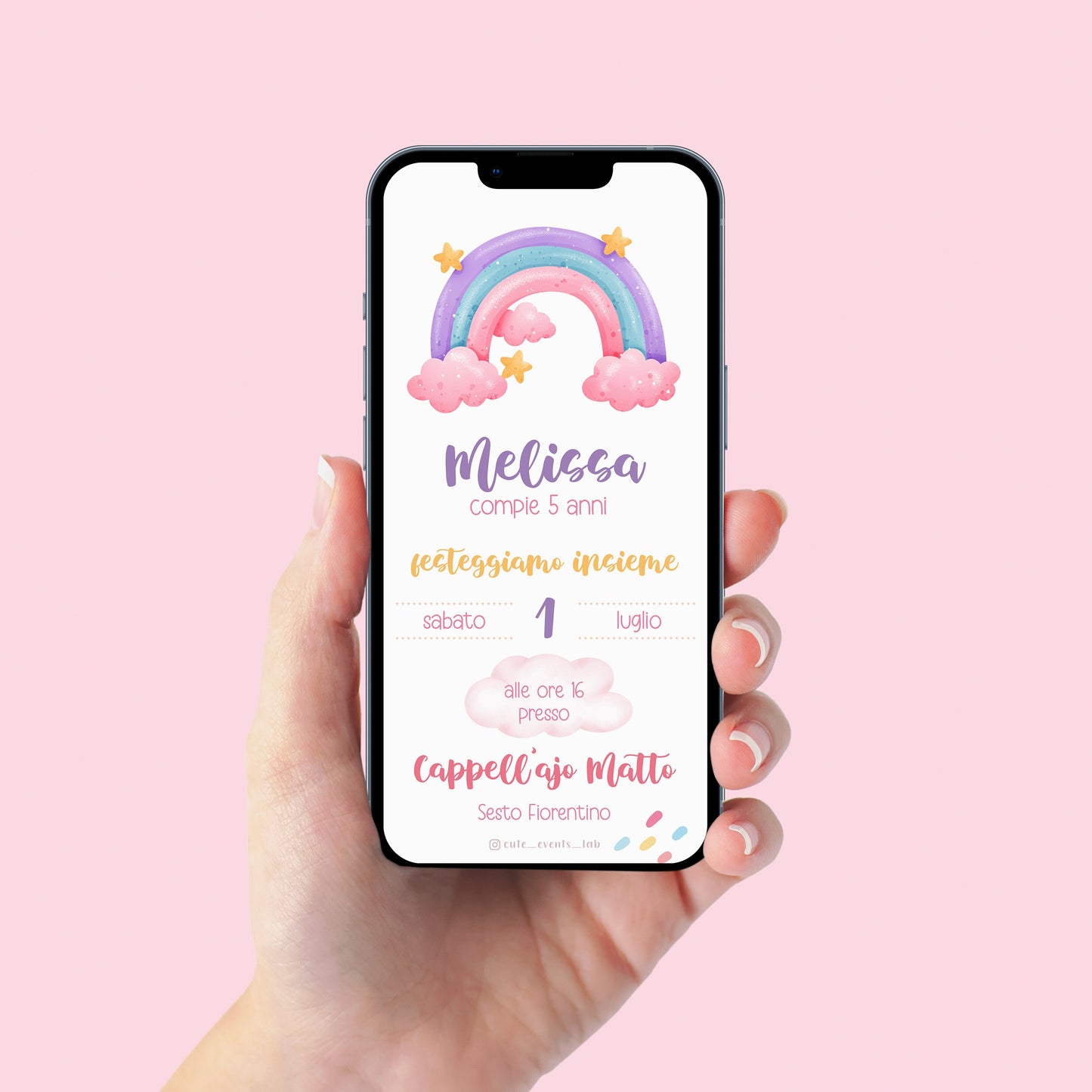 Invito WhatsApp compleanno con arcobaleno, invito battesimo bambina, invito digitale e-mail e per tutti i social