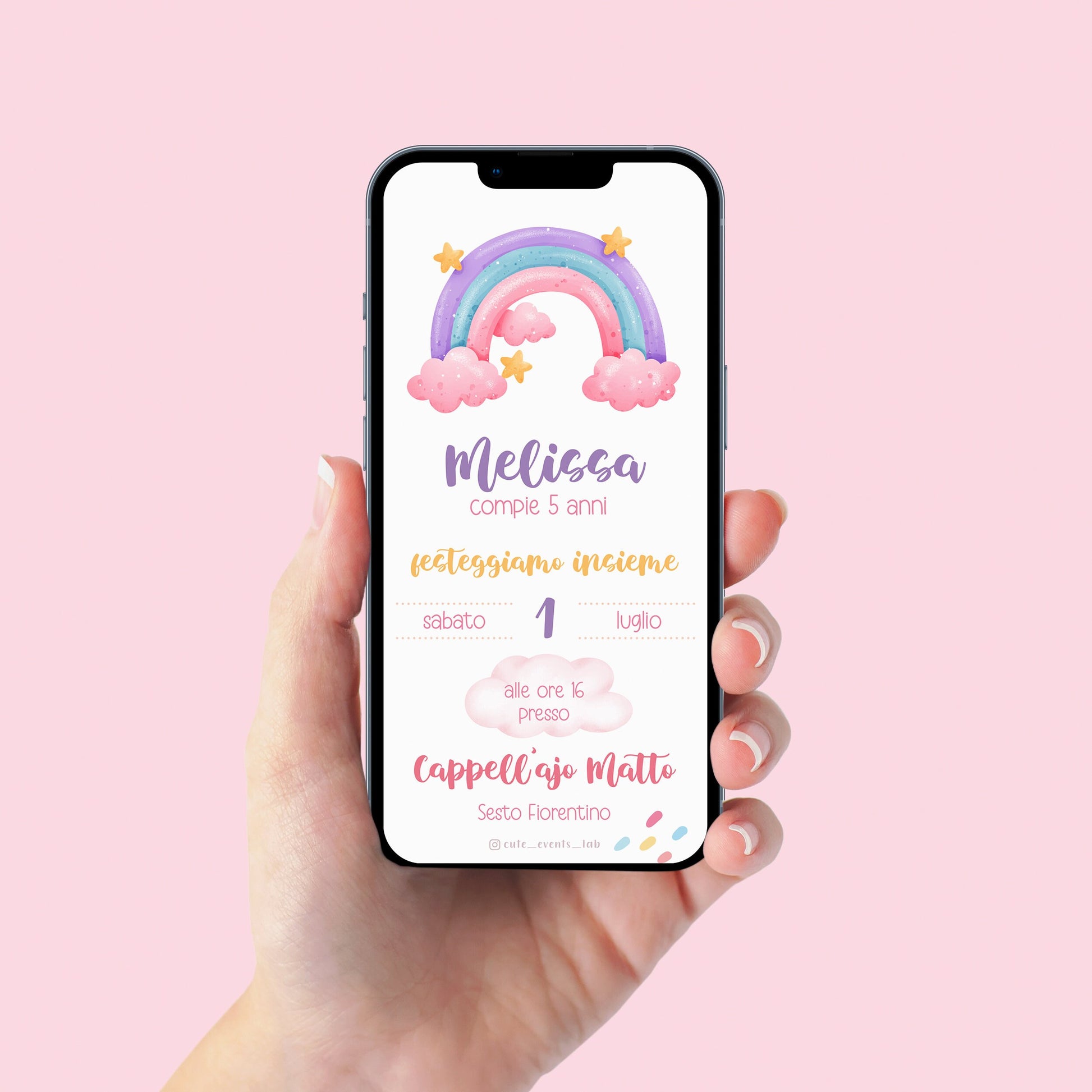 Invito WhatsApp compleanno con arcobaleno, invito battesimo bambina, invito digitale e-mail e per tutti i social