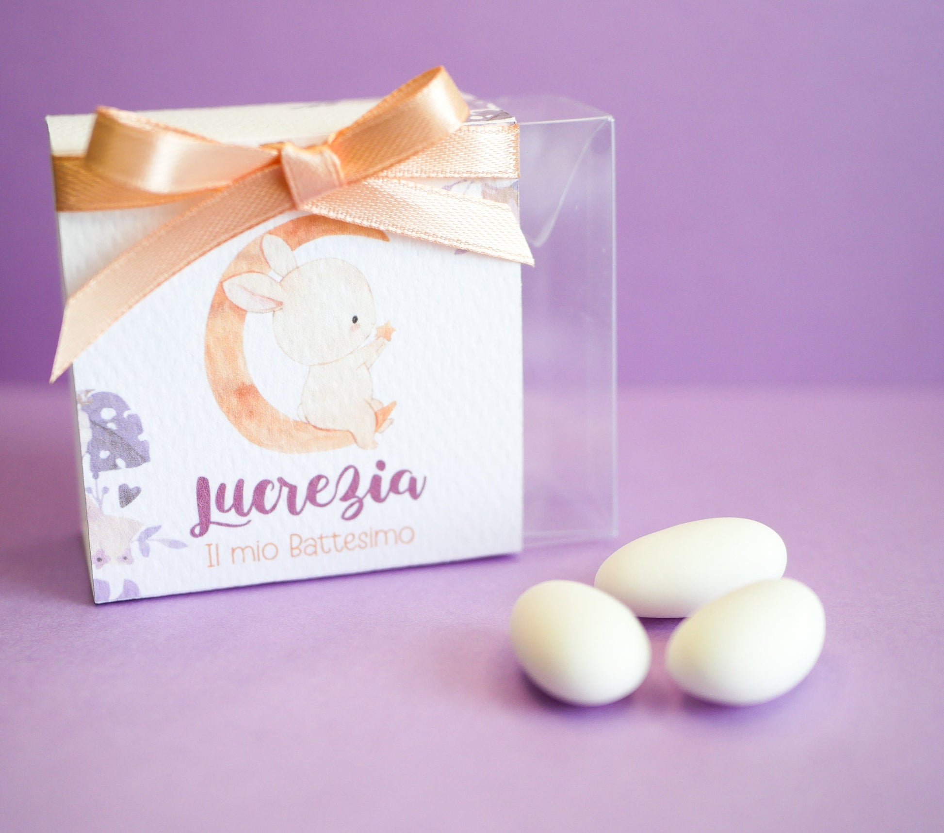 Scatolina coniglietto Battesimo personalizzata in pvc, bomboniera nascita, regalo ospiti battesimo, festa di compleanno luna