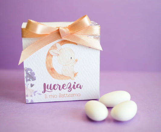 Scatolina coniglietto Battesimo personalizzata in pvc, bomboniera nascita, regalo ospiti battesimo, festa di compleanno luna