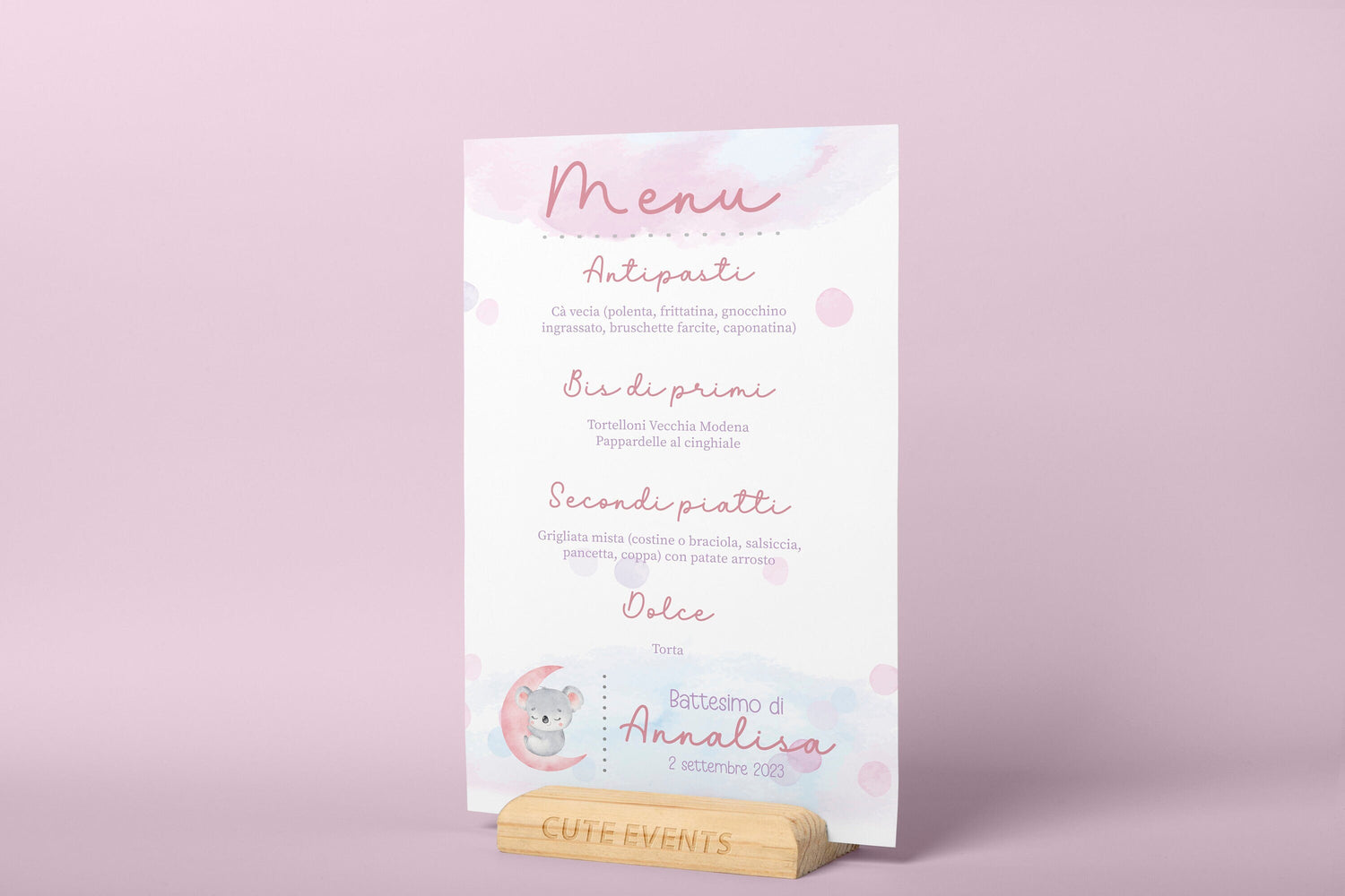 File digitale - Menu Battesimo bambino, Menù tavolo bambina con koala, kit battesimo bimbi