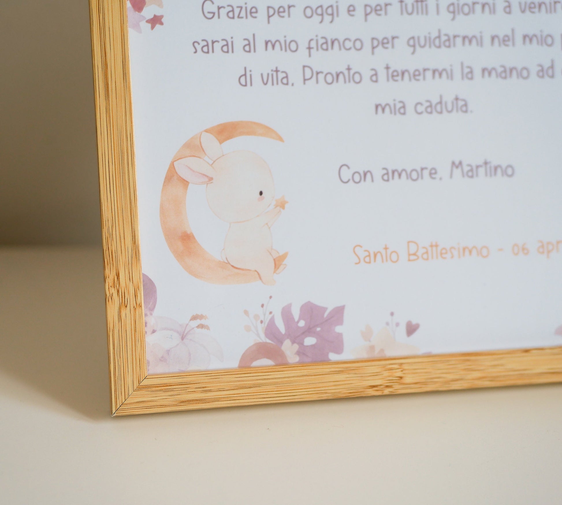 Stampa con cornice quadretto Battesimo, regalo bomboniera Madrina e Padrino in stile boho con coniglietto