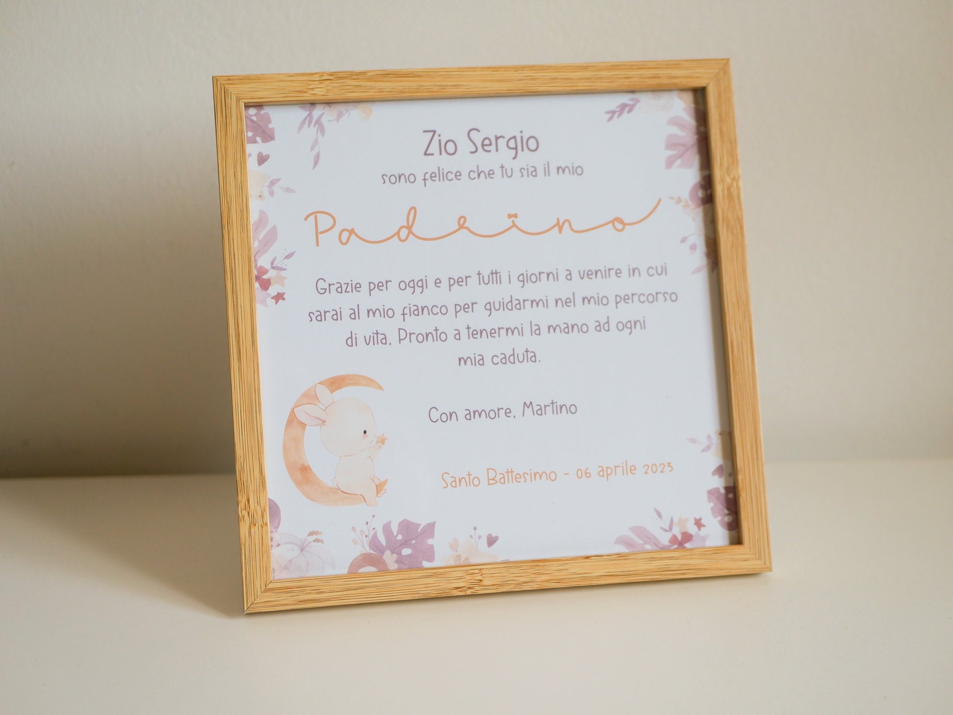 Stampa con cornice quadretto Battesimo, regalo bomboniera Madrina e Padrino in stile boho con coniglietto