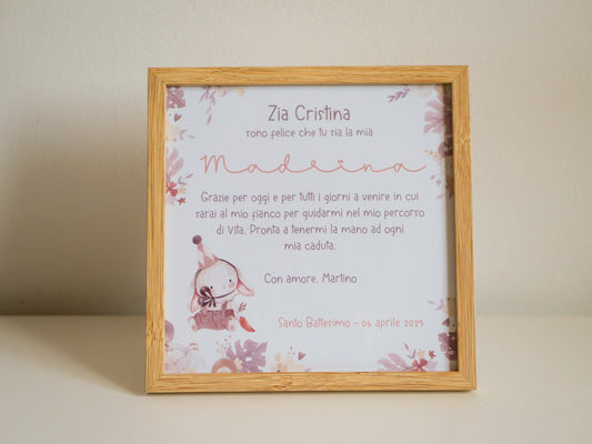 Stampa con cornice quadretto Battesimo, regalo bomboniera Madrina e Padrino in stile boho con coniglietto