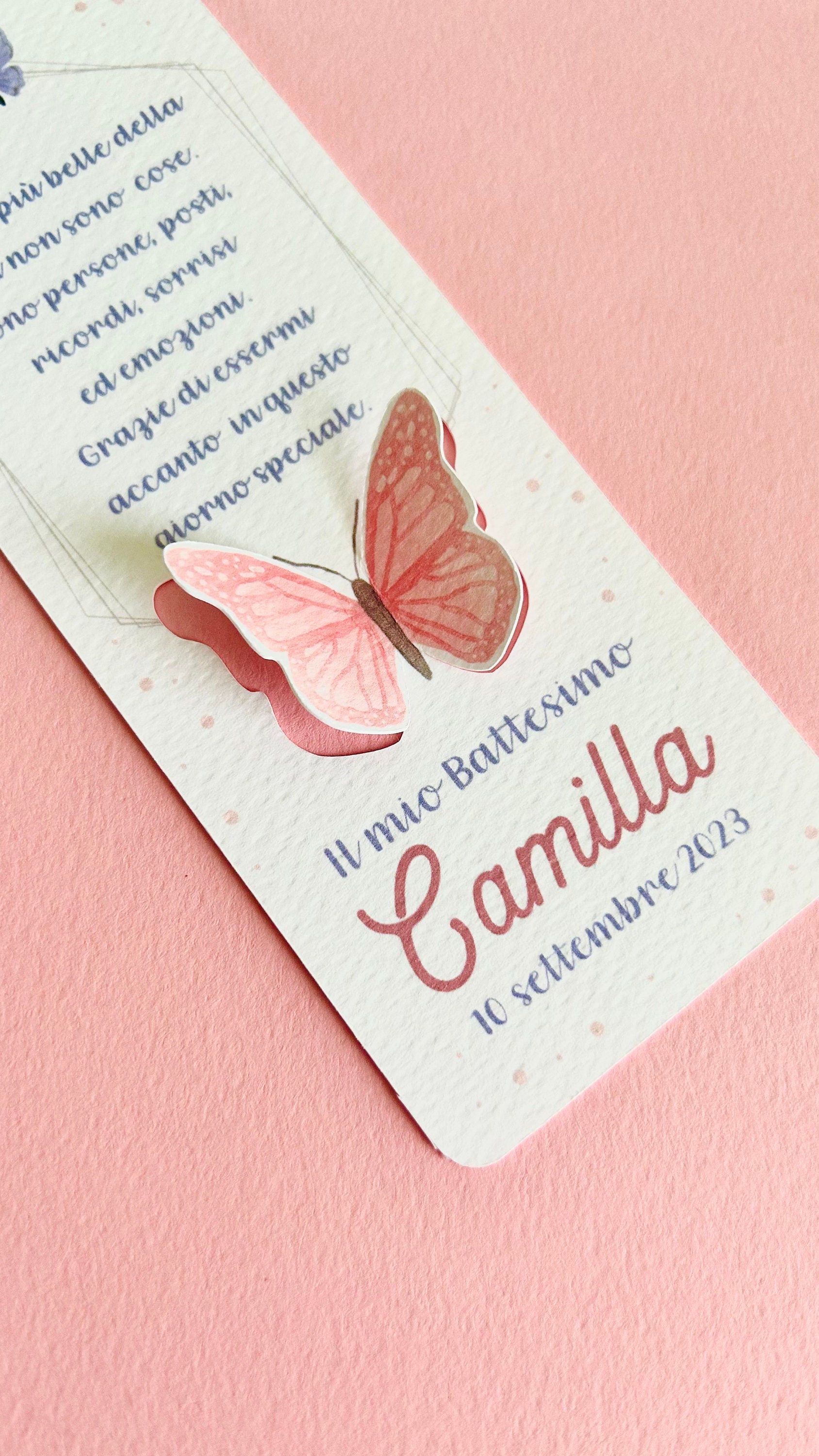 Segnaposto Battesimo con farfalle personalizzato, segnalibro battesimo bambina, festa tema farfalla, ali di farfalla, segnalibro Comunione