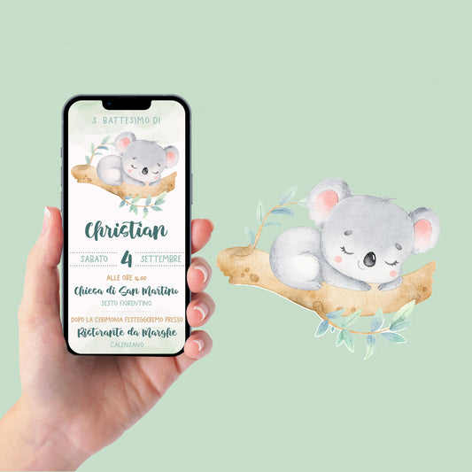Invito WhatsApp per Battesimo con koala, invito battesimo bambino, invito digitale e-mail e per tutti i social