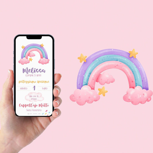 Invito WhatsApp compleanno con arcobaleno, invito battesimo bambina, invito digitale e-mail e per tutti i social