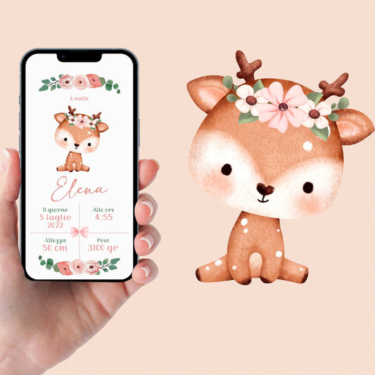 Annuncio nascita bambina WhatsApp con cerbiatto, nascita bambina, invito digitale e-mail e per tutti i social