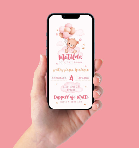 Invito WhatsApp per battesimo con orsetto bambino, invito battesimo orsetta bambina, invito digitale e-mail e per tutti i social compleanno