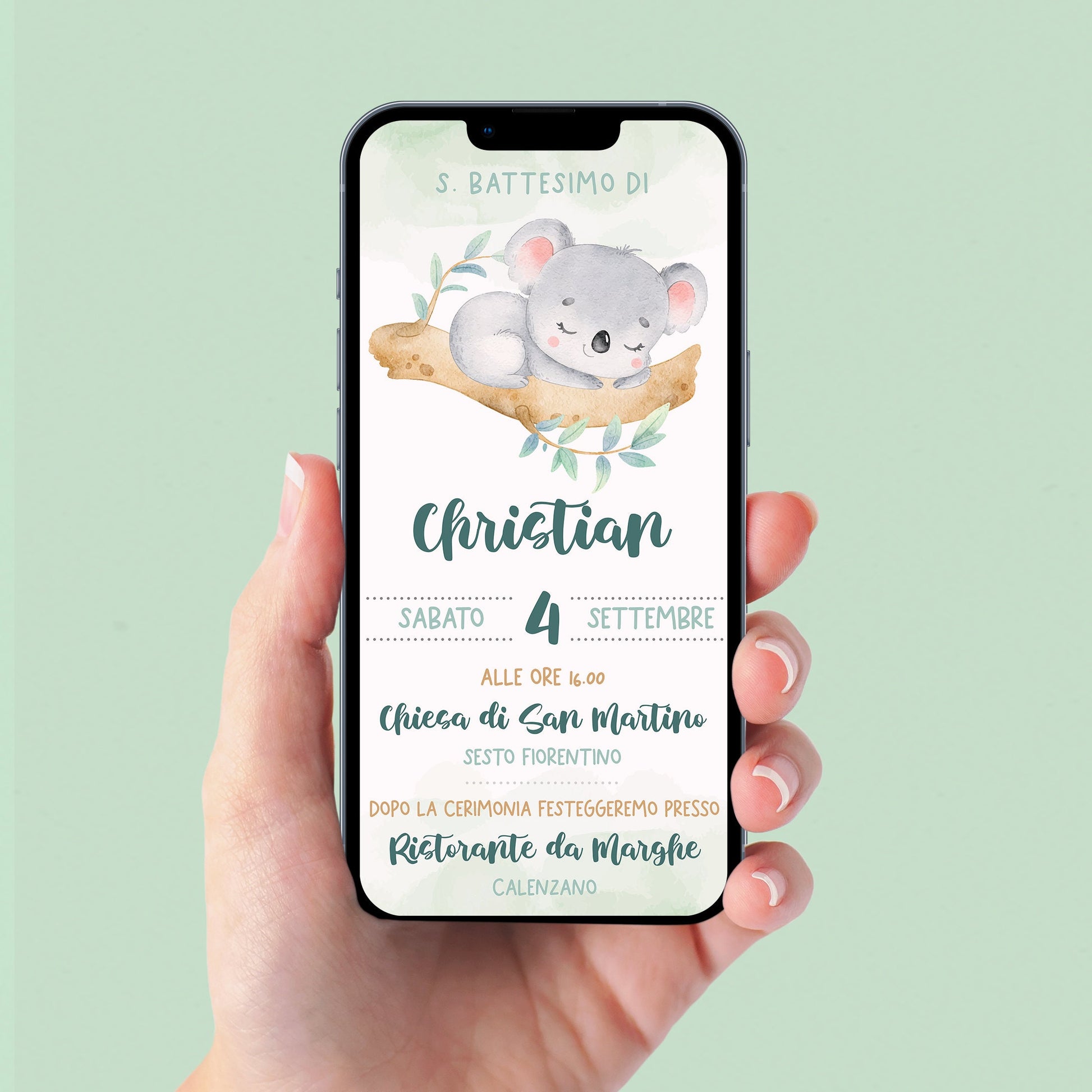 Invito WhatsApp per Battesimo con koala, invito battesimo bambino, invito digitale e-mail e per tutti i social