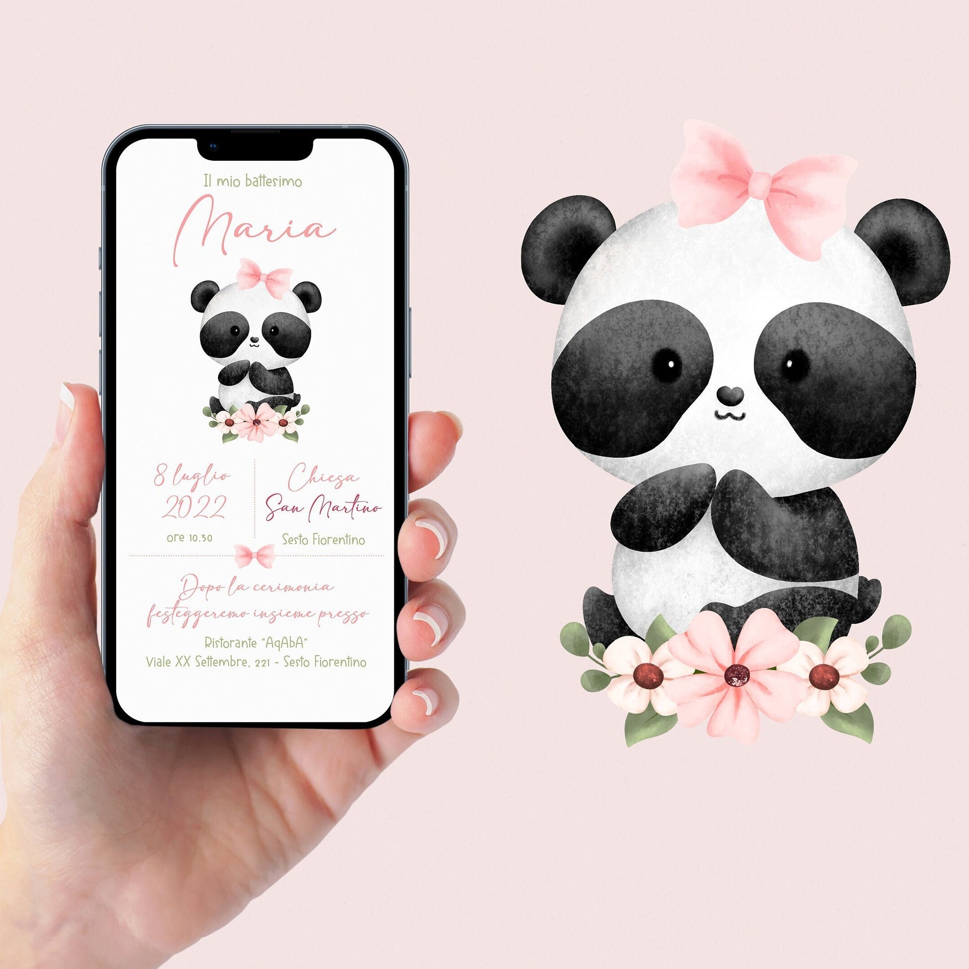 Invito WhatsApp per battesimo con panda, invito battesimo bambina, invito digitale e-mail e per tutti i social