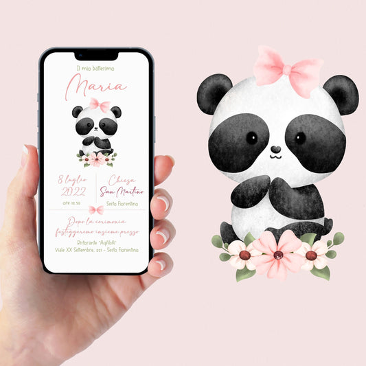 Invito WhatsApp per battesimo con panda, invito battesimo bambina, invito digitale e-mail e per tutti i social