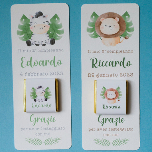 Cioccolatino e segnalibro personalizzato con animali della savana: rendi indimenticabile il compleanno del tuo bimbo e altri eventi speciali