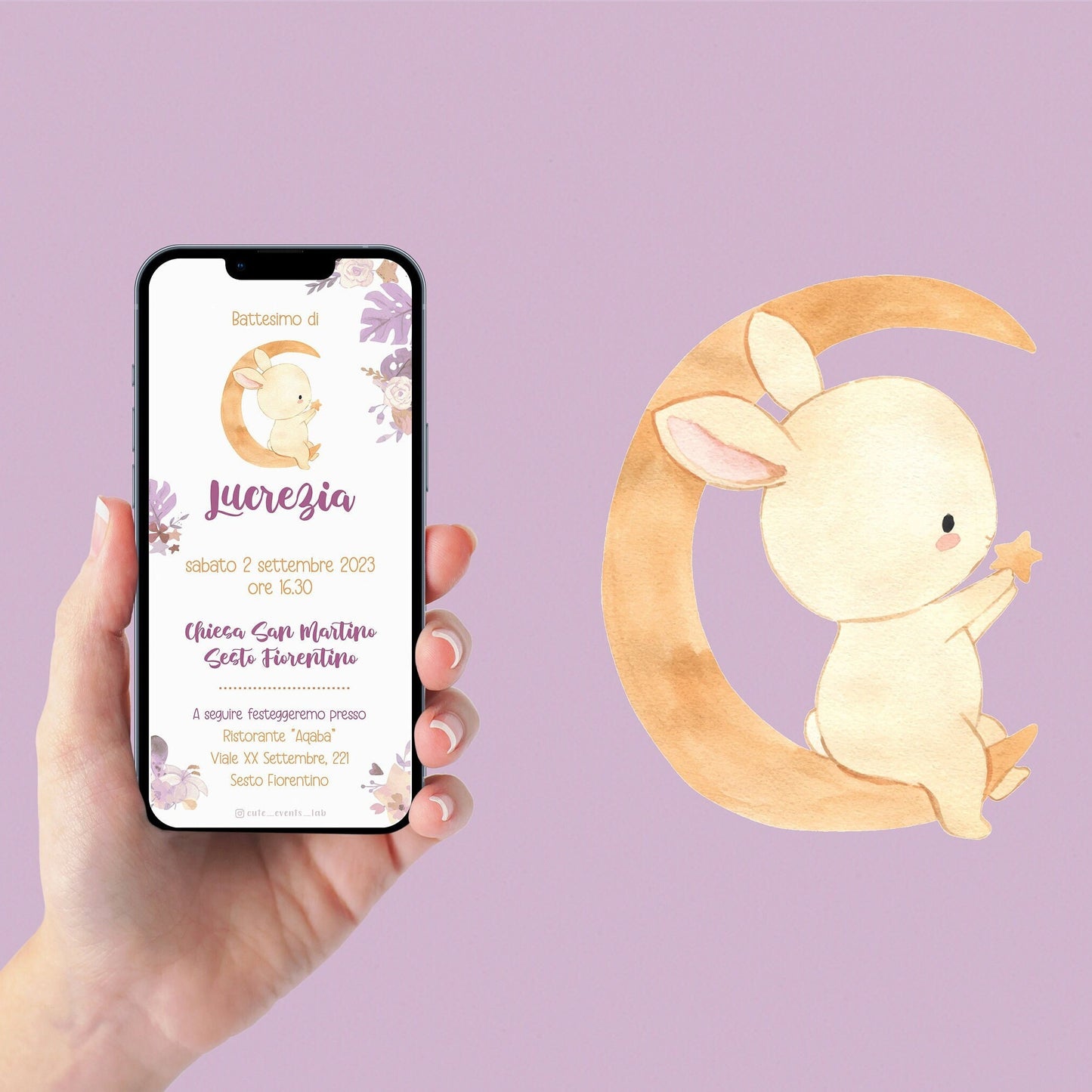 Invito WhatsApp per battesimo con coniglietto, invito battesimo bambino, invito digitale e-mail e per tutti i social