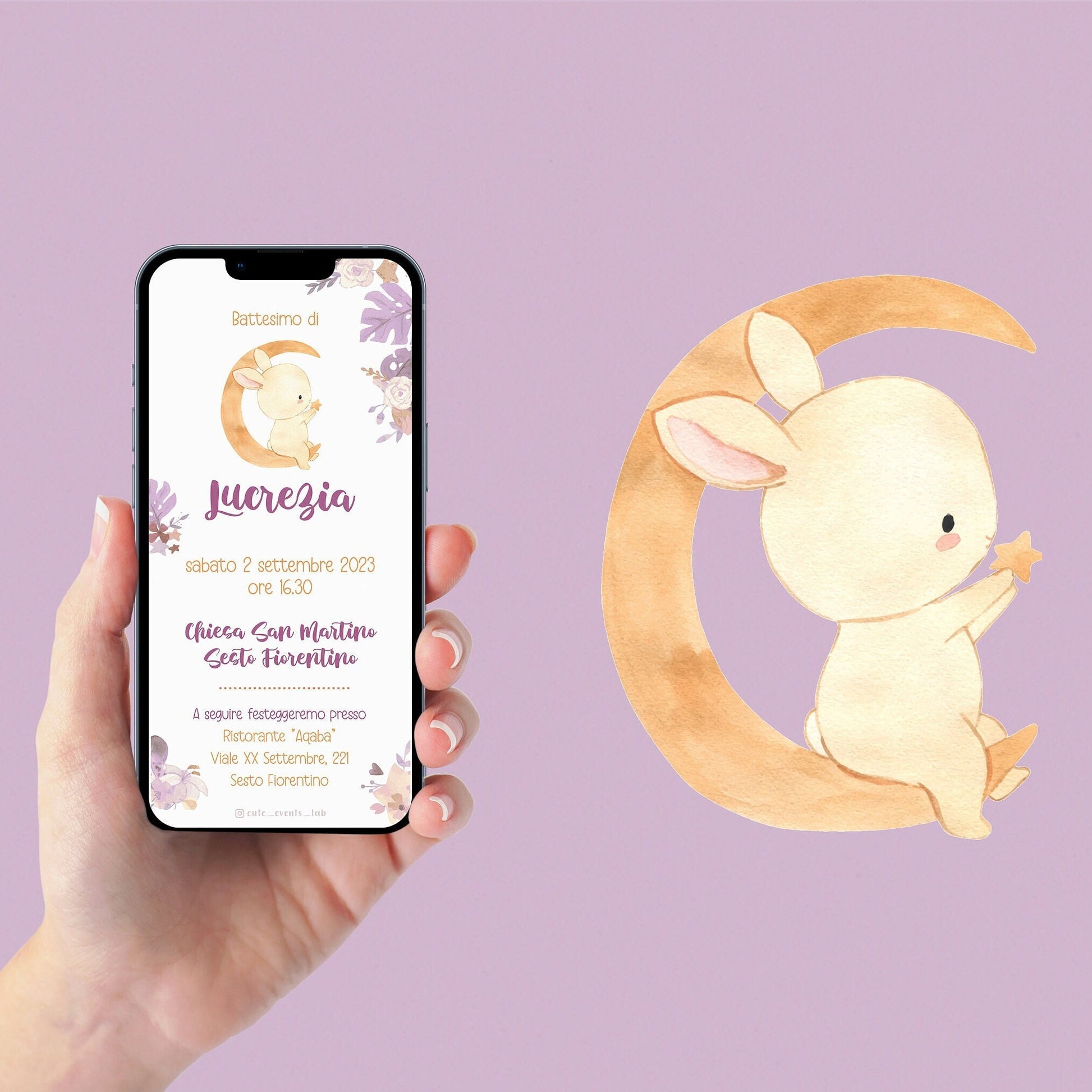 Invito WhatsApp per battesimo con coniglietto, invito battesimo bambino, invito digitale e-mail e per tutti i social
