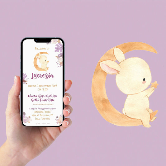 Invito WhatsApp per battesimo con coniglietto, invito battesimo bambino, invito digitale e-mail e per tutti i social