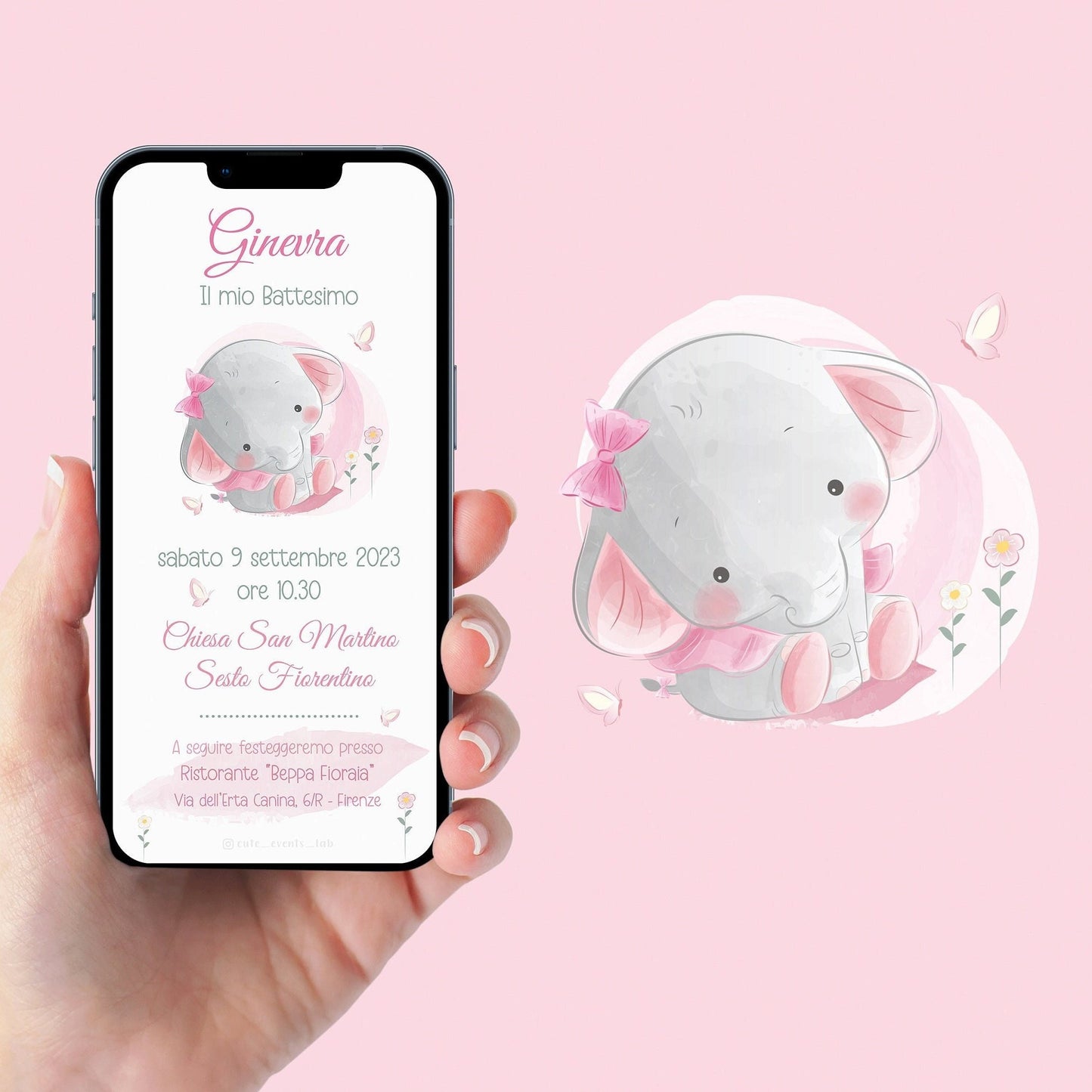 Invito WhatsApp per Battesimo con elefantina, invito Battesimo bambina, invito digitale e-mail e per tutti i social
