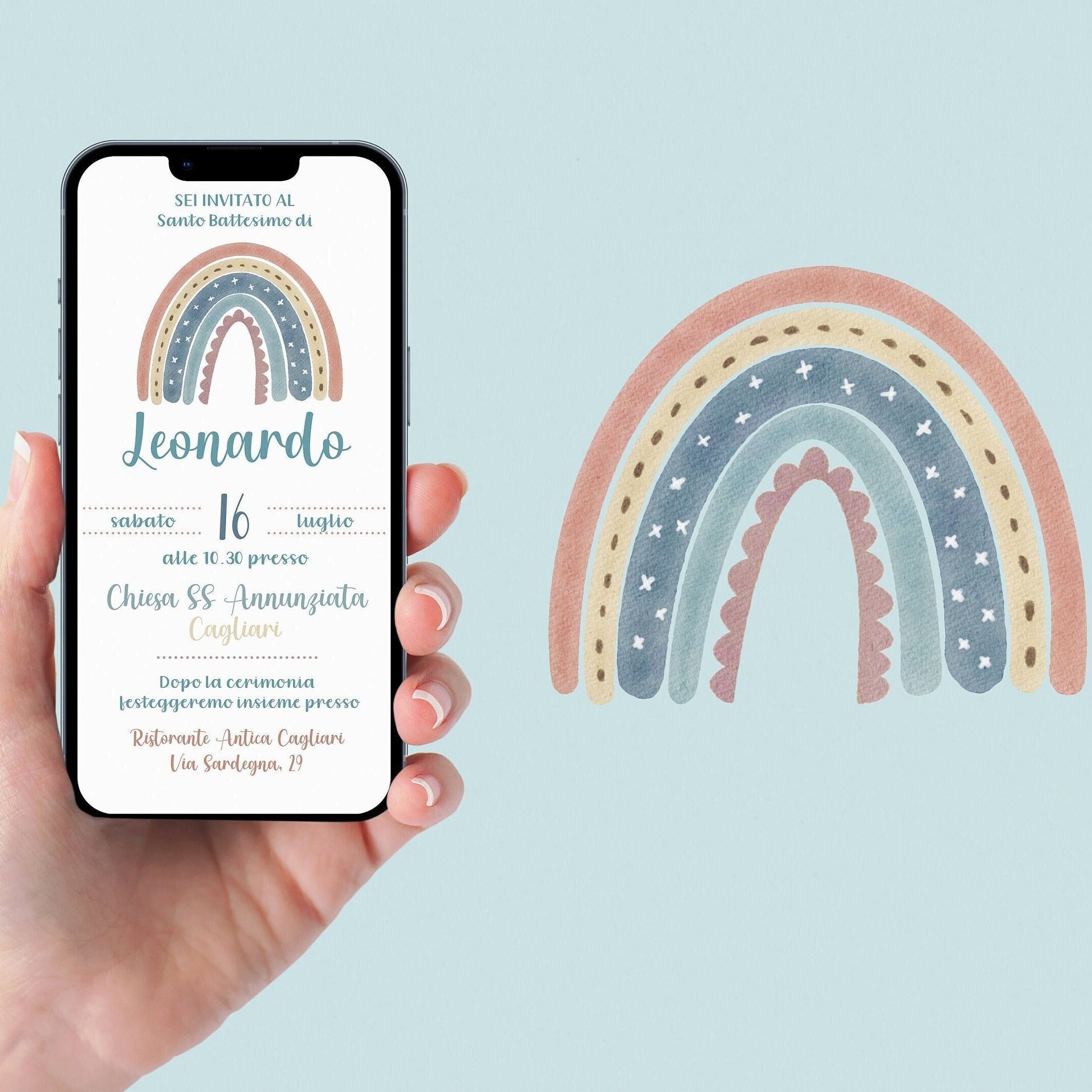 Invito WhatsApp per battesimo con arcobaleno, invito battesimo bambino, invito digitale e-mail e per tutti i social