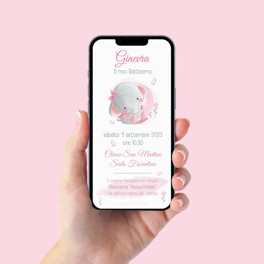 Invito WhatsApp per Battesimo con elefantina, invito Battesimo bambina, invito digitale e-mail e per tutti i social