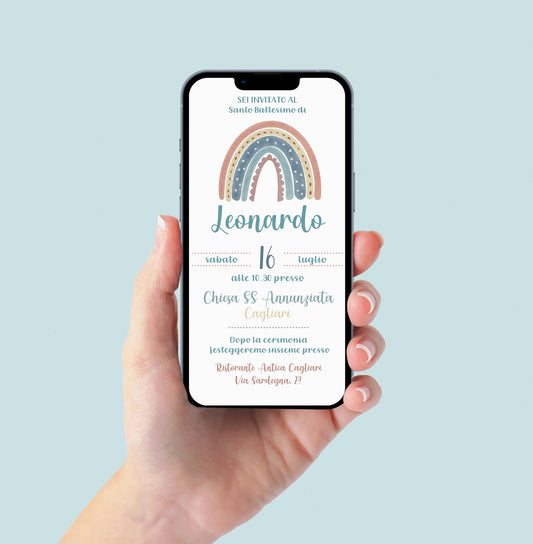 Invito WhatsApp per battesimo con arcobaleno, invito battesimo bambino, invito digitale e-mail e per tutti i social