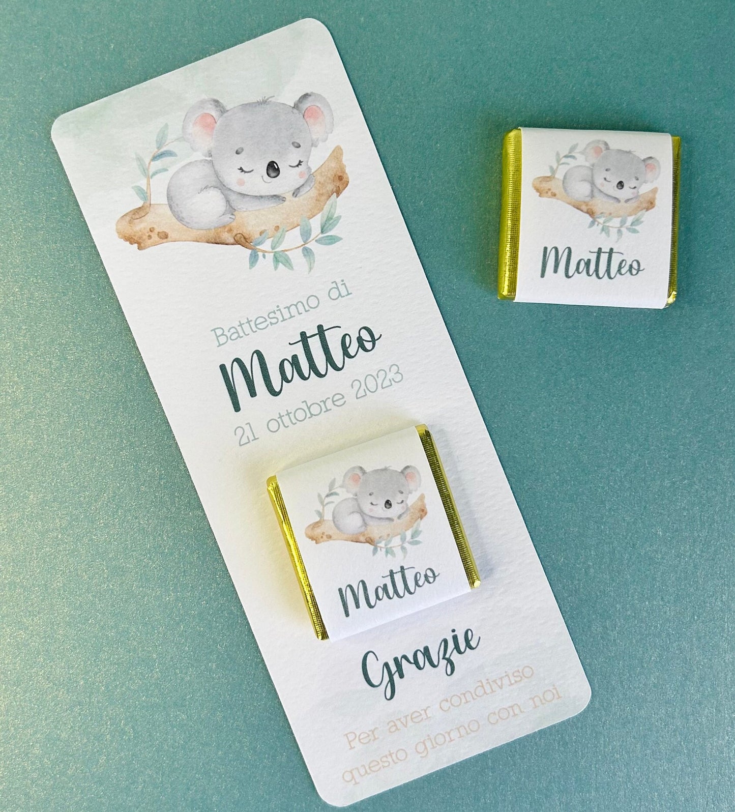 Cioccolatino personalizzato con segnalibro per Battesimo bambino con koala, segnaposto battesimo con koala, Compleanno tema koala