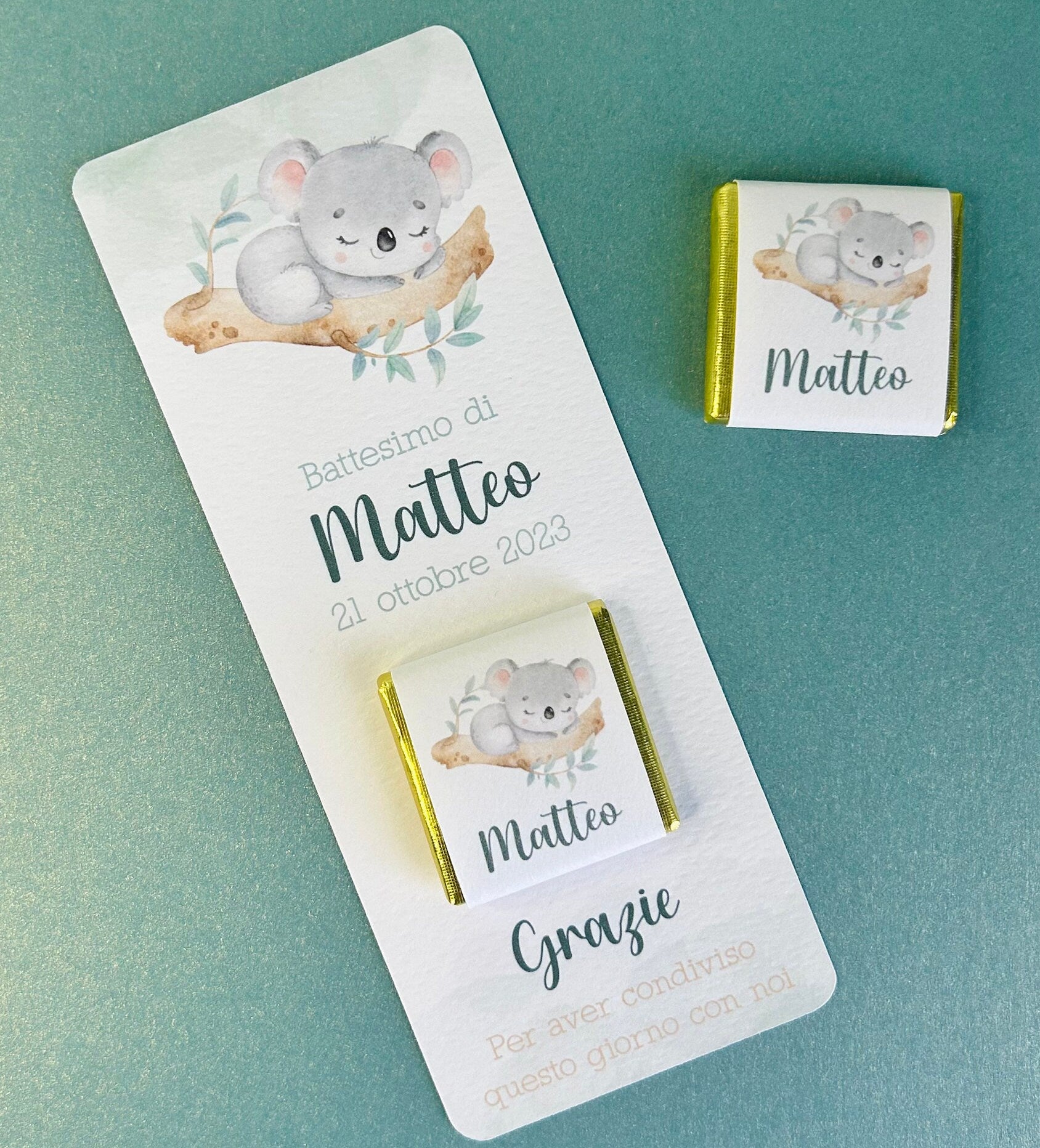 Cioccolatino personalizzato con segnalibro per Battesimo bambino con koala, segnaposto battesimo con koala, Compleanno tema koala