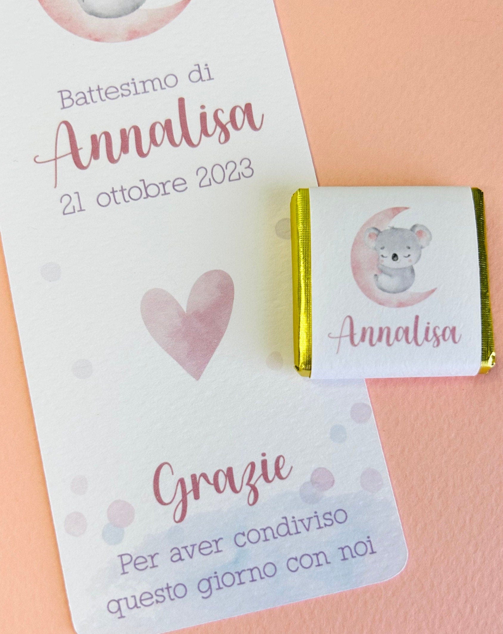 Cioccolatino personalizzato con segnalibro per Battesimo bambino con koala, segnaposto battesimo con koala, Compleanno tema koala