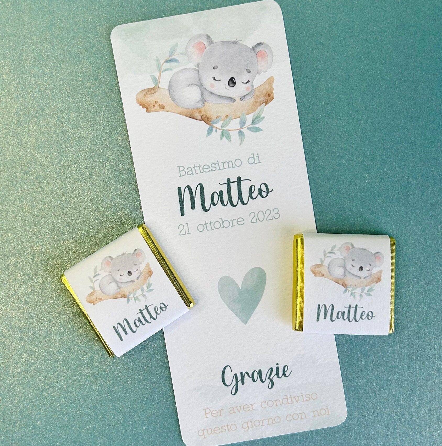 Cioccolatino personalizzato con segnalibro per Battesimo bambino con koala, segnaposto battesimo con koala, Compleanno tema koala