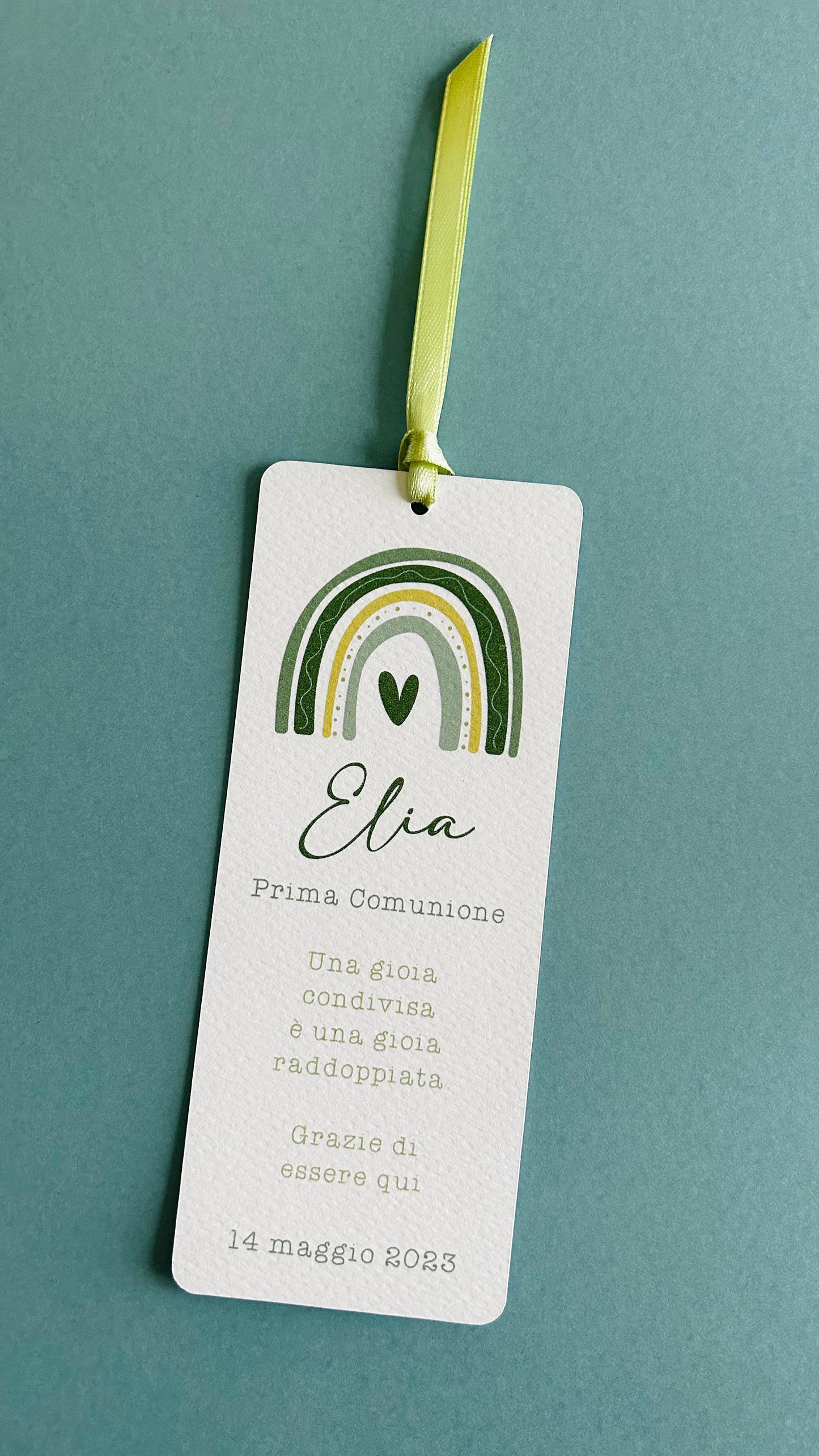 Segnalibro Battesimo con arcobaleno, segnaposto arcobaleno, segnaposto tavola Comunione, segnalibro Cresima, omaggio in stile boho