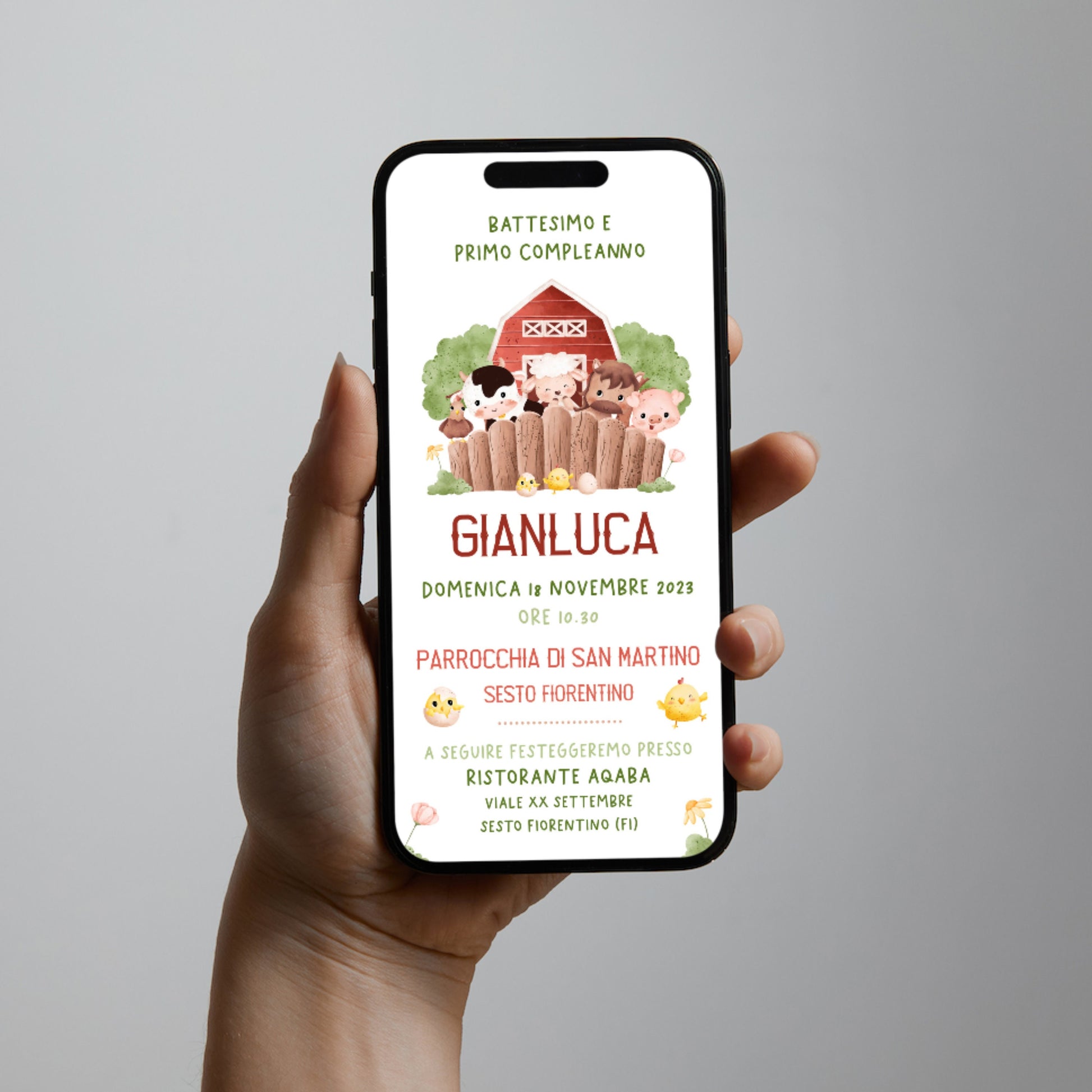 Invito WhatsApp per Battesimo tema fattoria, invito primo compleanno bambino, invito digitale e-mail e per tutti i social