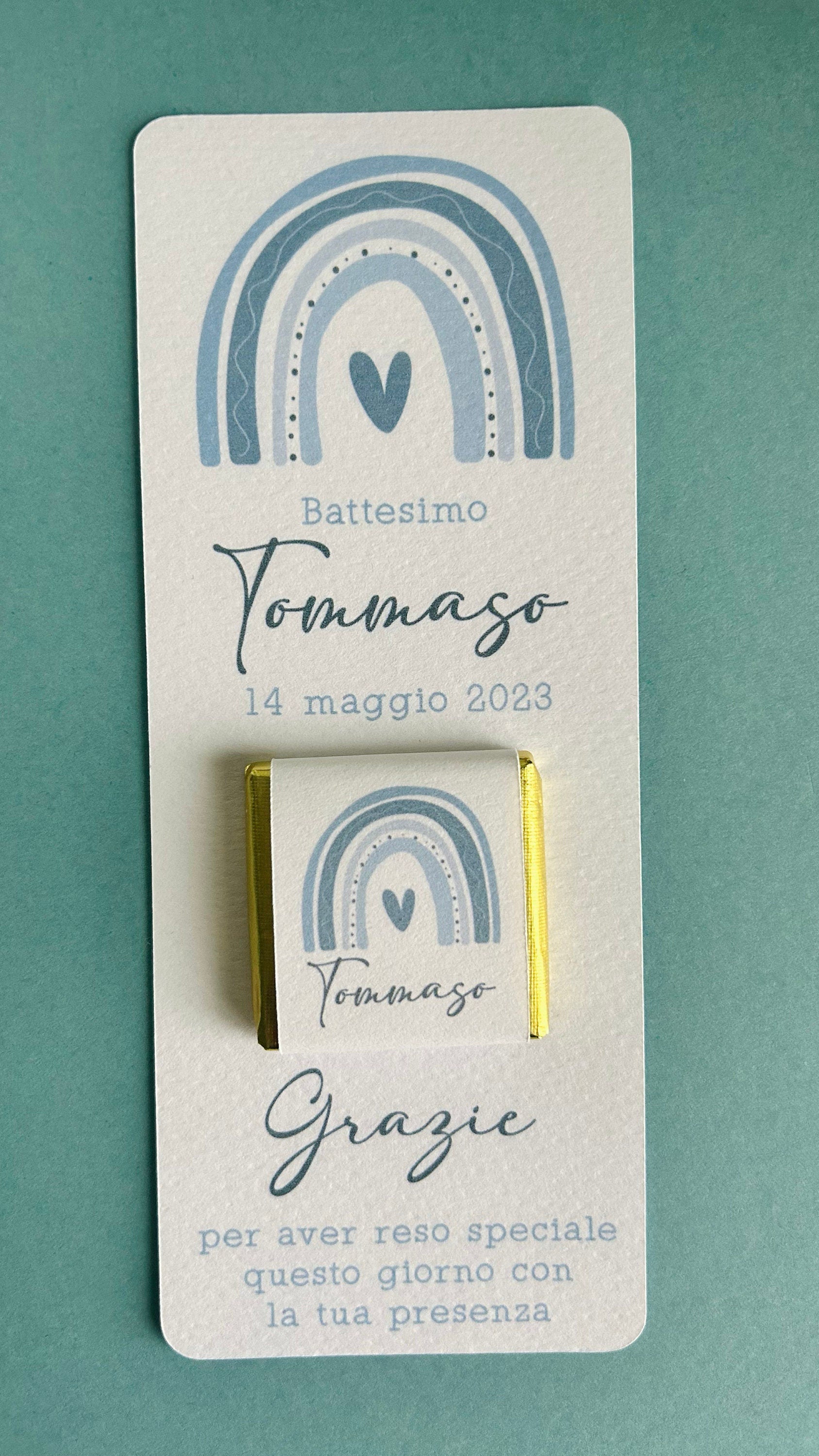 Cioccolatino battesimo con arcobaleno, segnaposto arcobaleno, segnaposto tavola Comunione, segnalibro Cresima, omaggio in stile boho