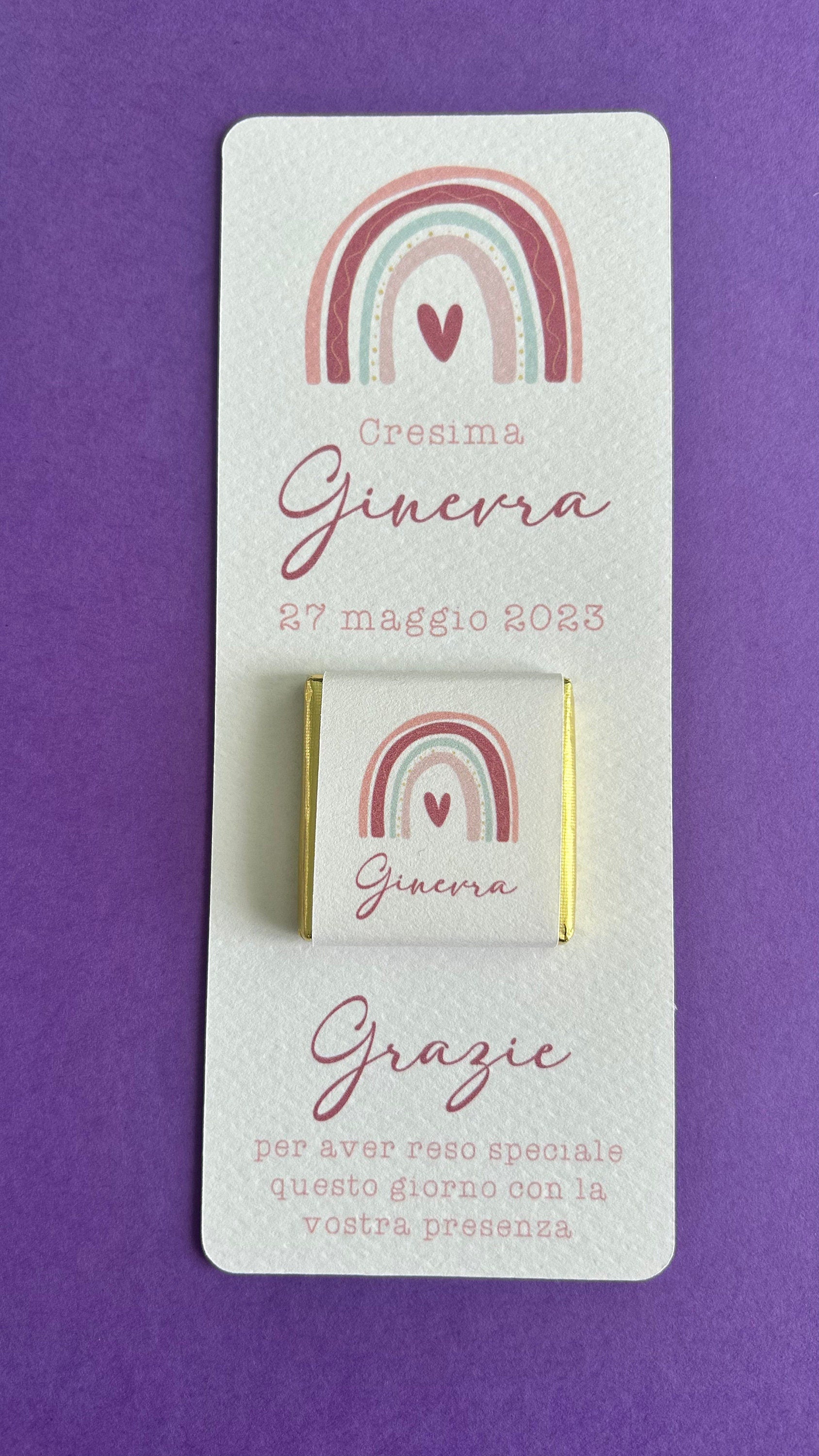 Cioccolatino battesimo con arcobaleno, segnaposto arcobaleno, segnaposto tavola Comunione, segnalibro Cresima, omaggio in stile boho