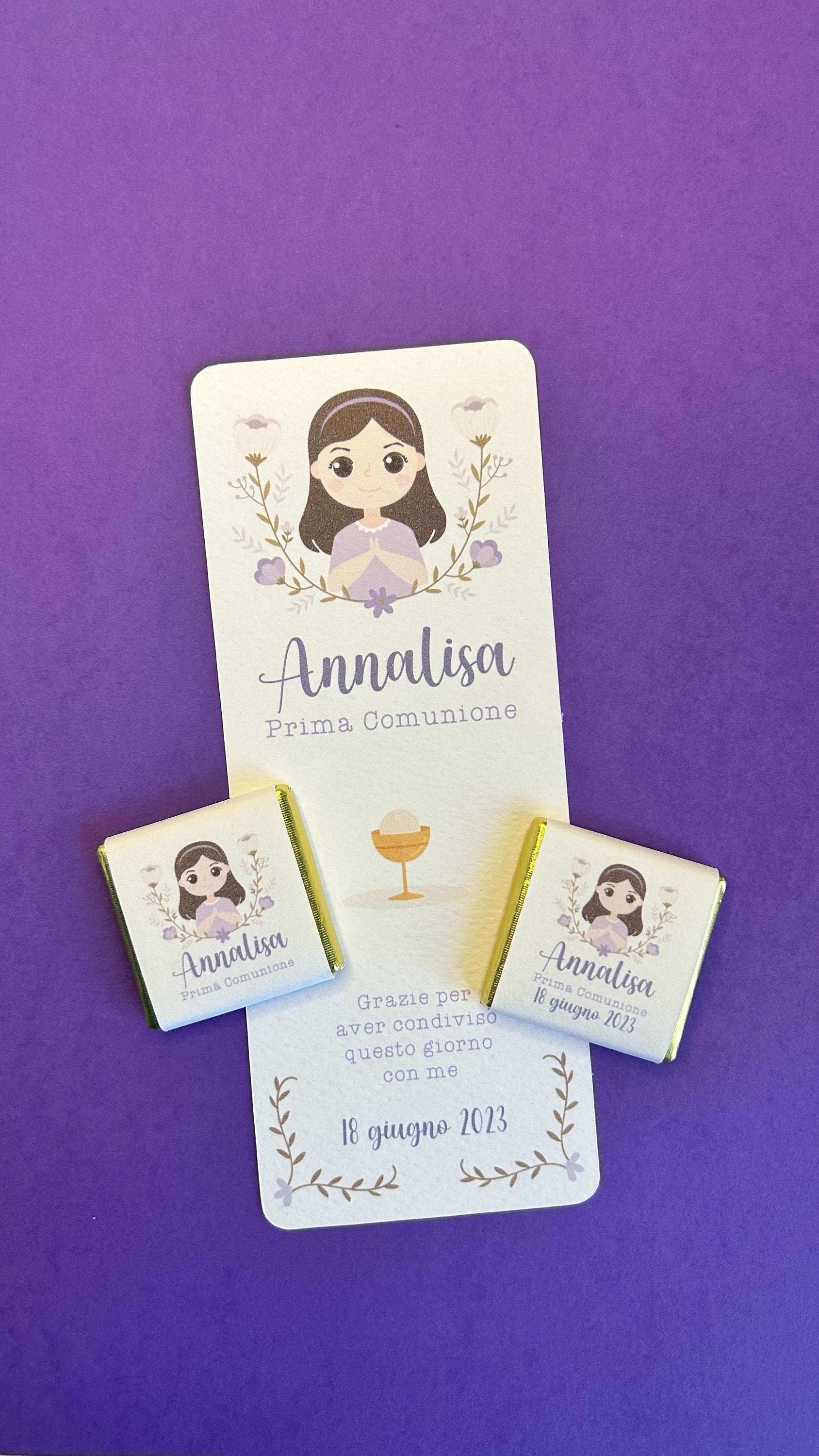 Cioccolatino personalizzato con segnalibro per Prima Comunione con ritratto personalizzato, segnaposto bambina, Cresima bambino