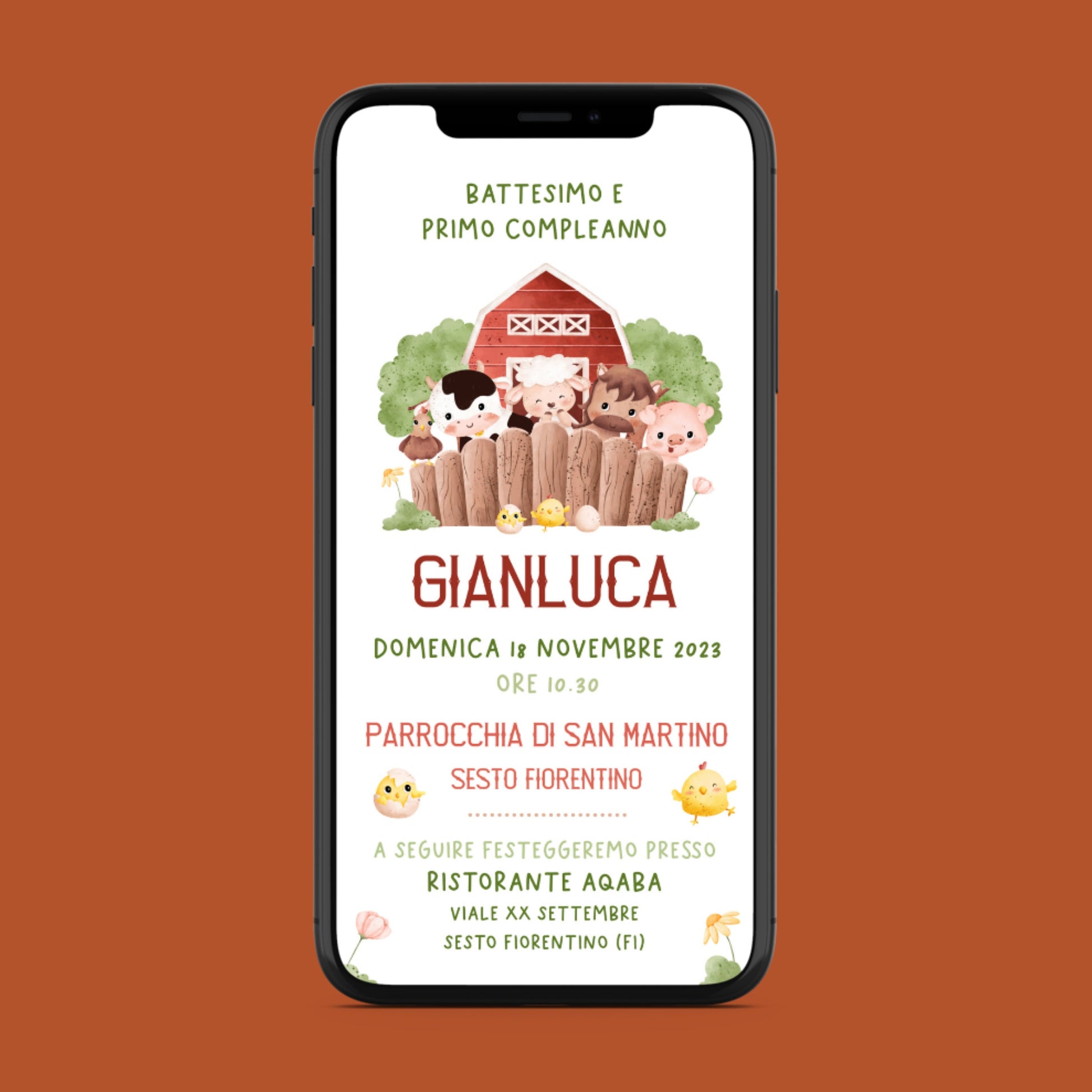 Invito WhatsApp per Battesimo tema fattoria, invito primo compleanno bambino, invito digitale e-mail e per tutti i social
