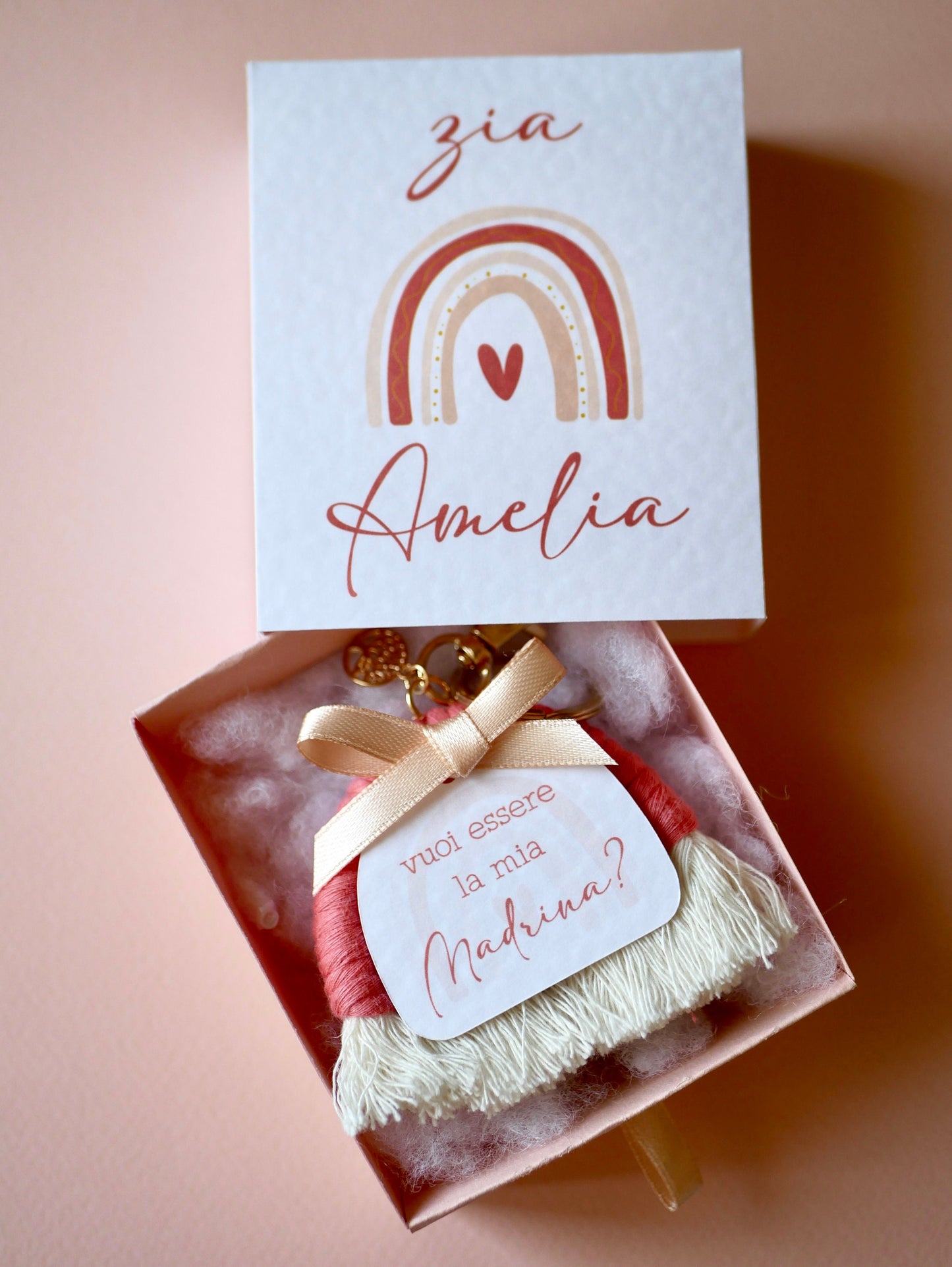 Regalo madrina battesimo personalizzato, portachiavi arcobaleno in macramé, regalo damigella matrimonio, vuoi essere la mia testimone?